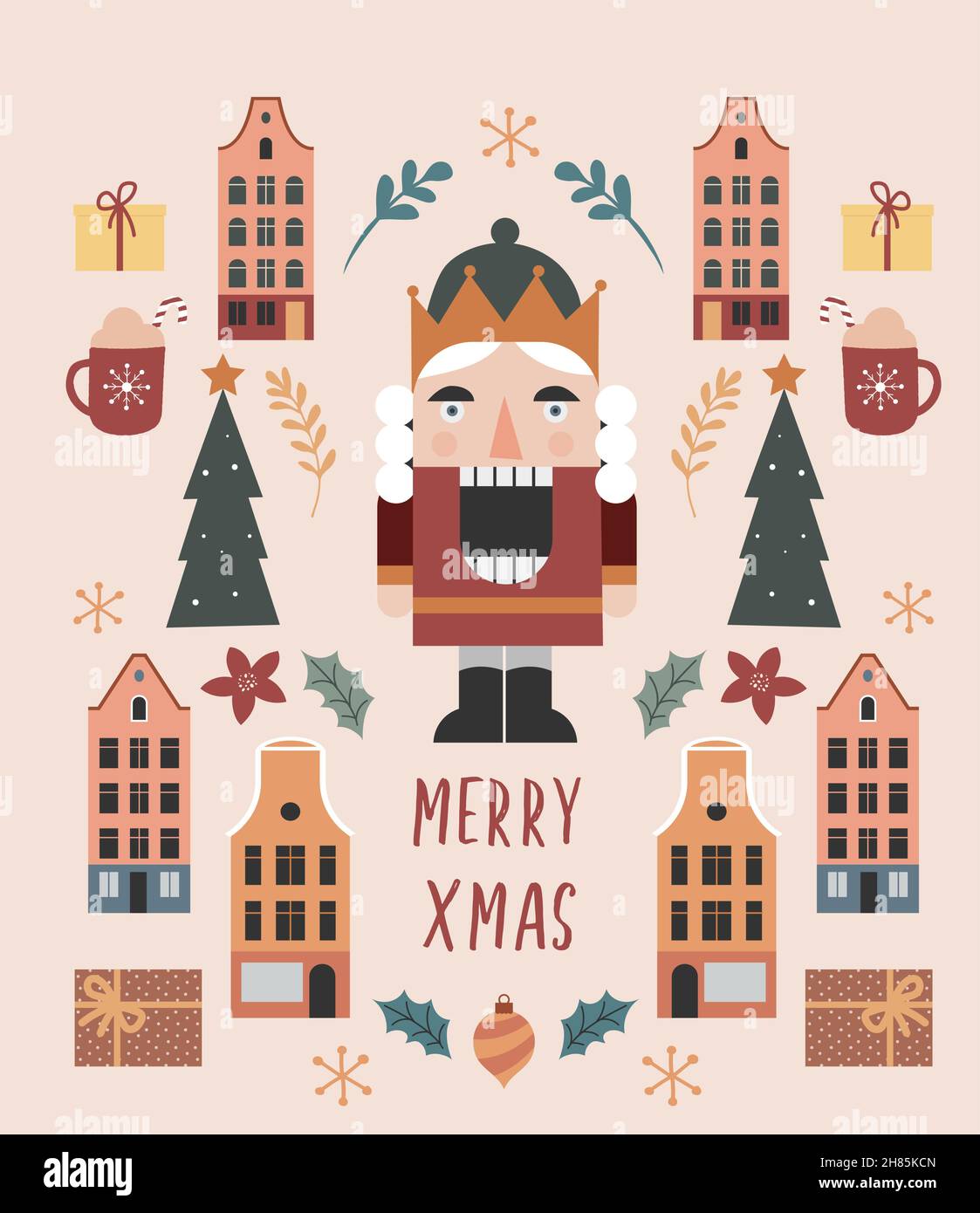 Poster di Natale in stile vintage, mercatino di Natale, Street fair concept con icone ed elementi retrò Illustrazione Vettoriale