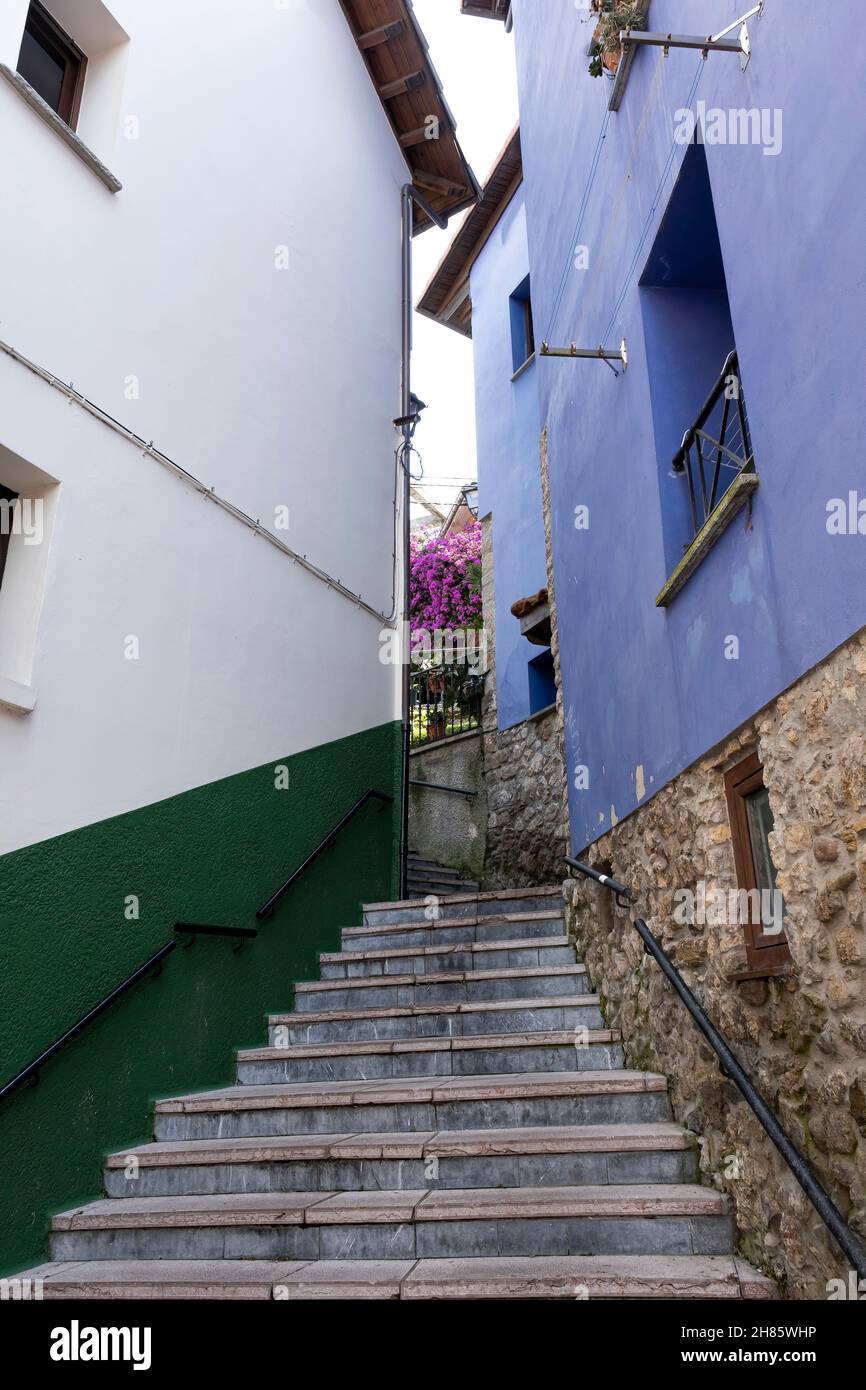 Strada stretta con case colorate nel pittoresco villaggio di Ribadesella, Asturie, Spagna, con una scala in primo piano, verticale Foto Stock