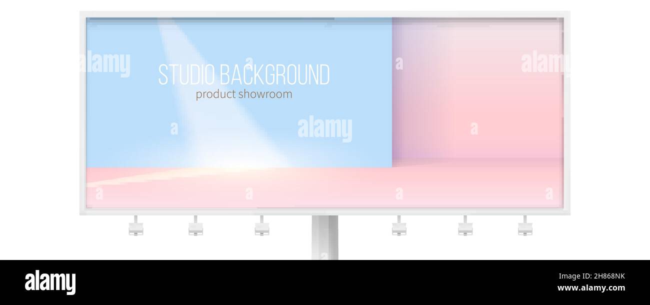Affissioni con studio per esposizione prodotti. Raggio di luce sulla parete blu. Sfondo geometrico. Illustrazione Vettoriale