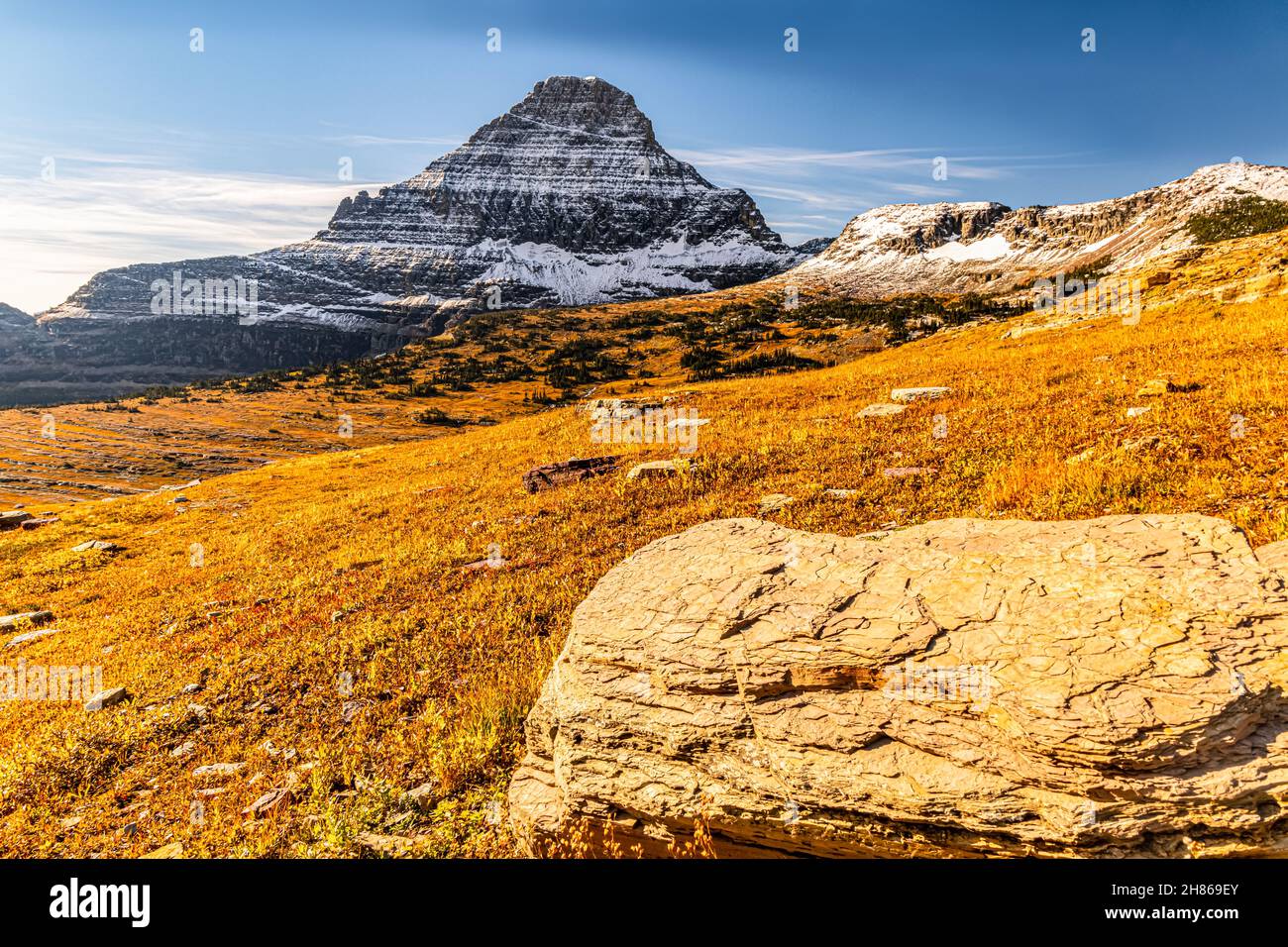 Monte Reynolds innevato e Hidden Lake Pass, Glacier National Park, Montana, USA Foto Stock