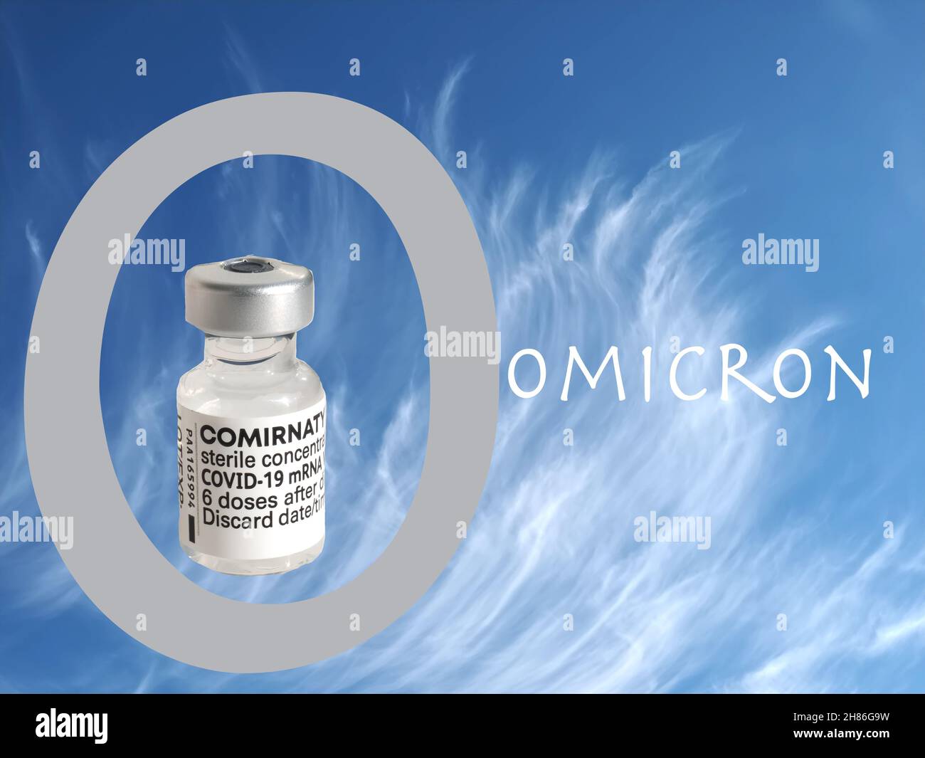 Simbolo Omicron con vaccino Biontech Pfizer Foto Stock