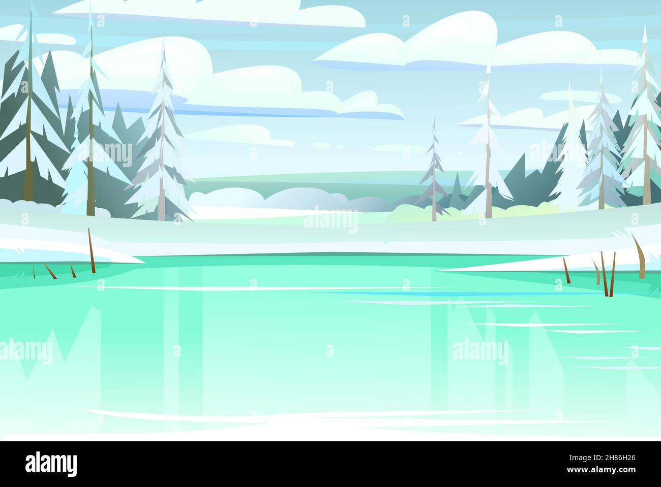 Pini e abeti sulla riva. Laghetto ghiacciato. Paesaggio rurale invernale con neve bianca fredda e derive. Splendida vista sulla campagna ghiacciata Illustrazione Vettoriale