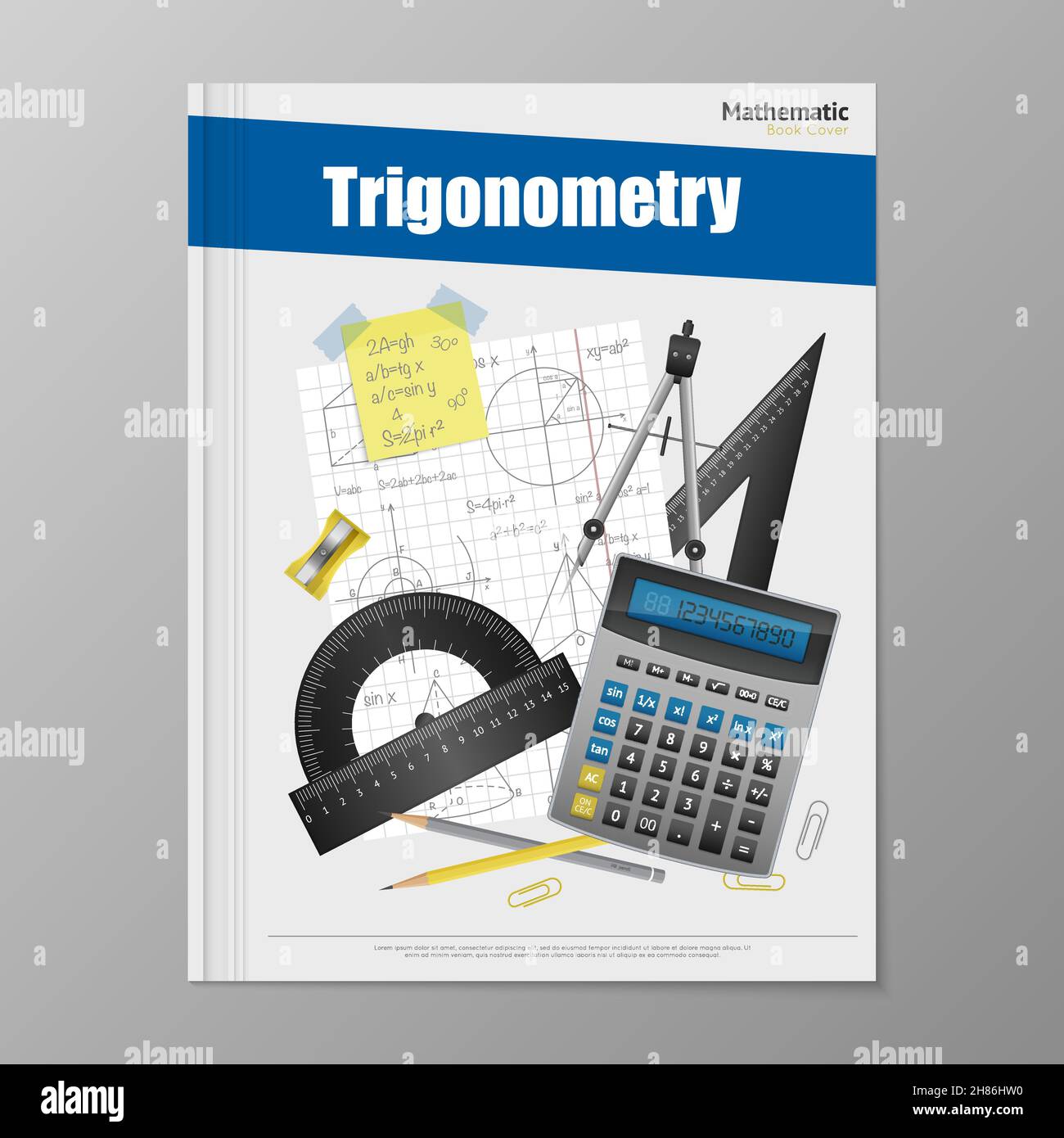 Modello flyer trigonometrico con righelli copybook calcolatrice matite in gomma e. illustrazione vettoriale della bussola Illustrazione Vettoriale