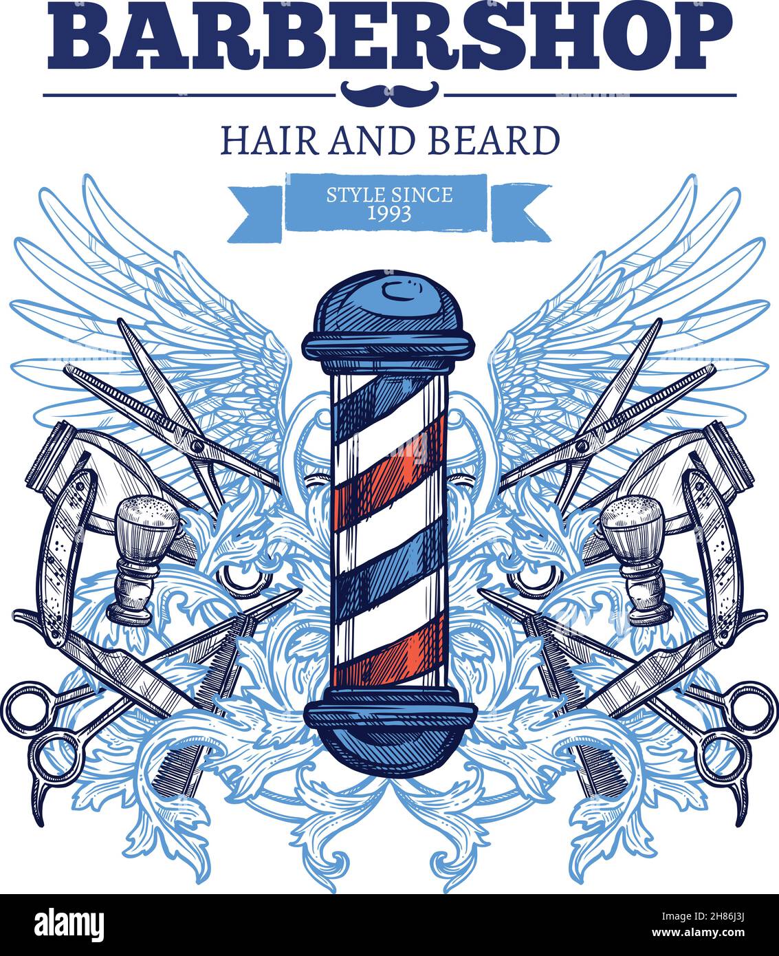 Barbiere negozio di capelli barba rifilatura tradizionale e alla moda per uomo poster pubblicità piatto astratto illustrazione vettoriale Illustrazione Vettoriale