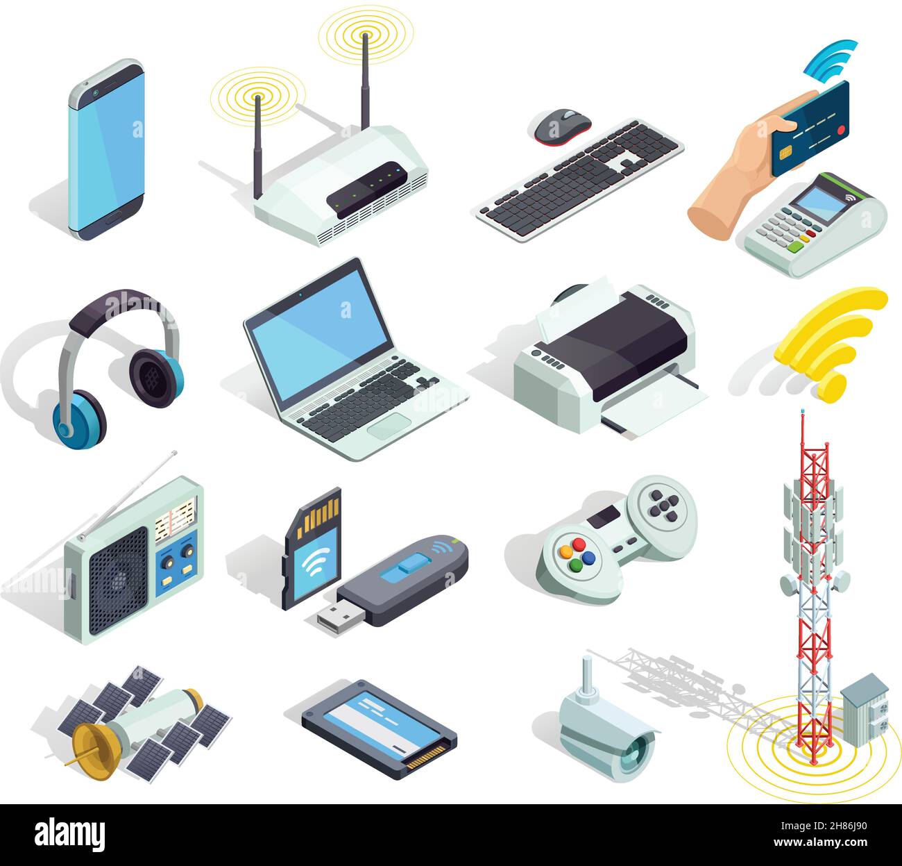 Connessione wireless tecnologia gadget elettronici e dispositivi isometrica Icone raccolta con stampante e router tastiera isolato illustrazione vettoriale Illustrazione Vettoriale