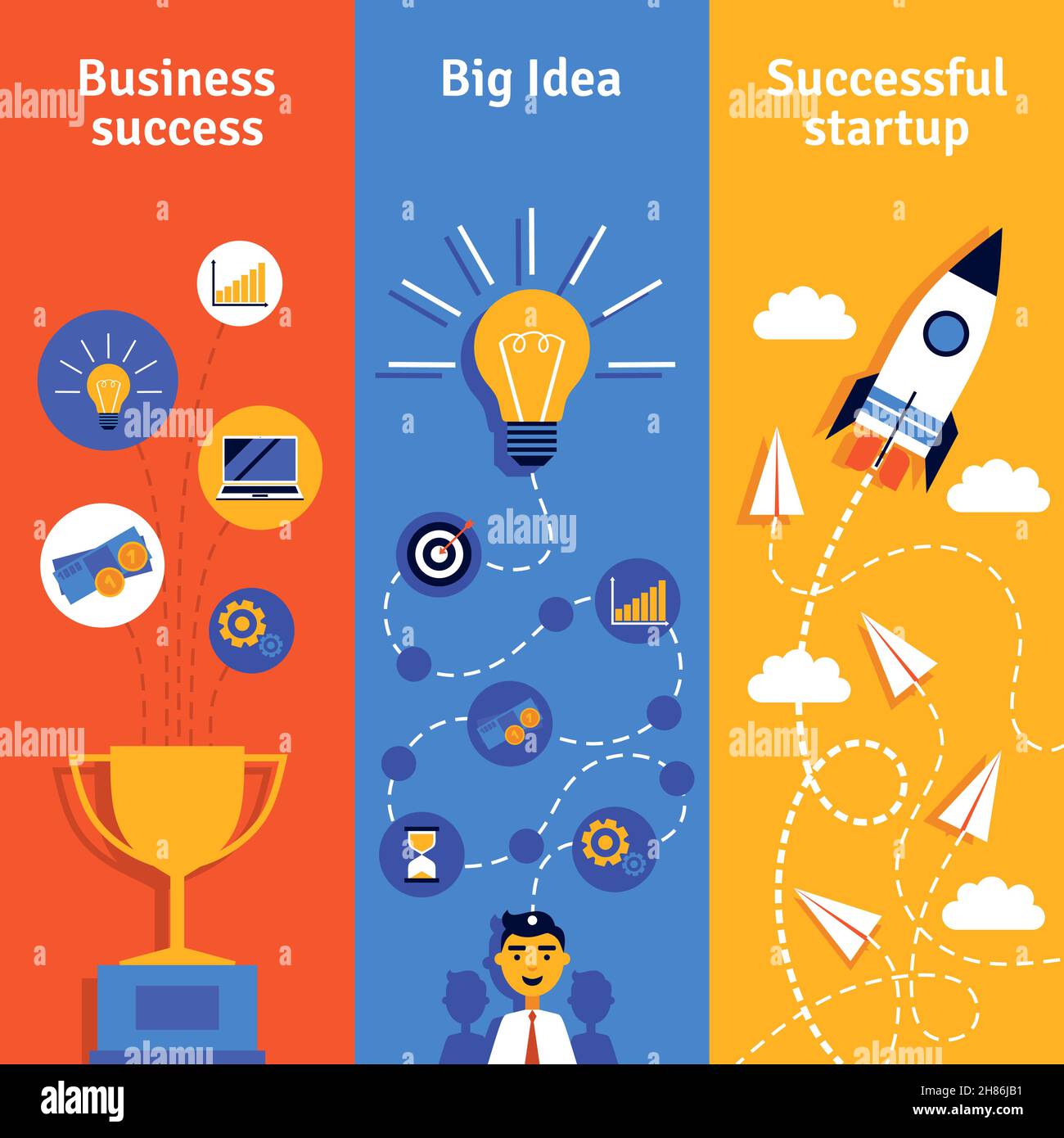 Concetto di business con idea di avvio e successo banner verticali piatto illustrazione vettoriale isolata Illustrazione Vettoriale
