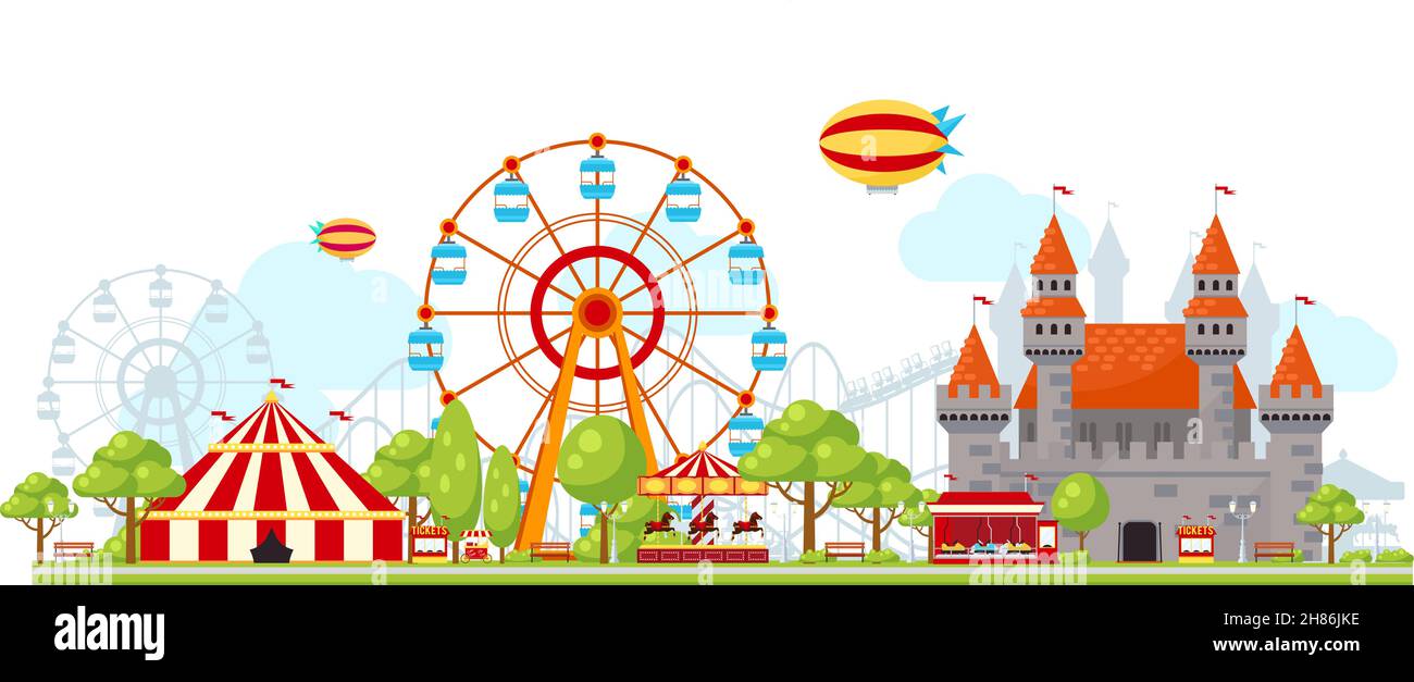 Composizione colorata del parco divertimenti con animazione per bambini ruota panoramica e castelli illustrazione vettoriale Illustrazione Vettoriale