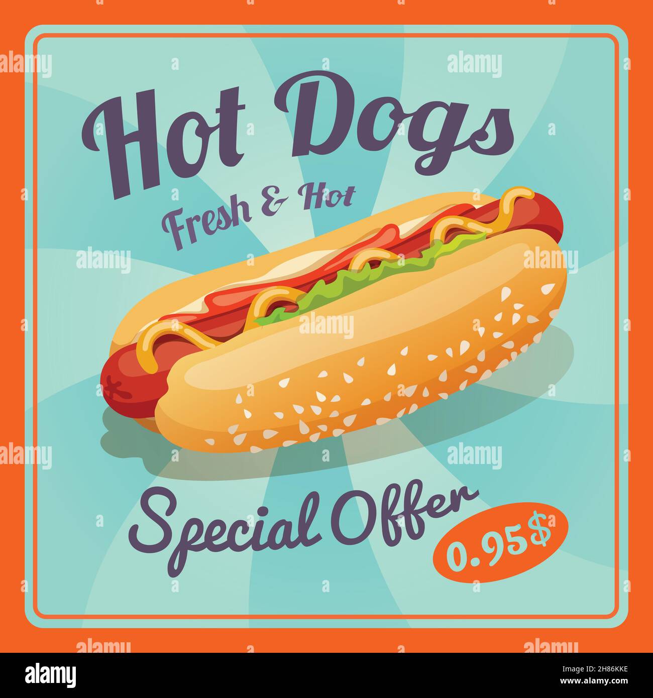 Hot dog retrò fast food take away poster illustrazione vettoriale Illustrazione Vettoriale