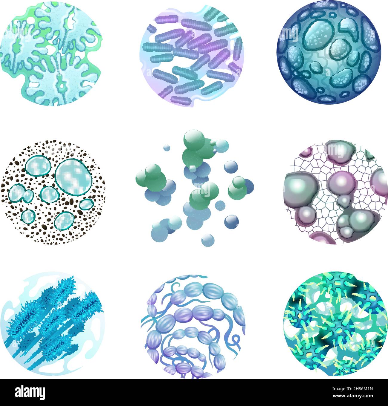 Set di icone rotonde batteriche con microbi e virus realistici isolati illustrazione vettoriale Illustrazione Vettoriale