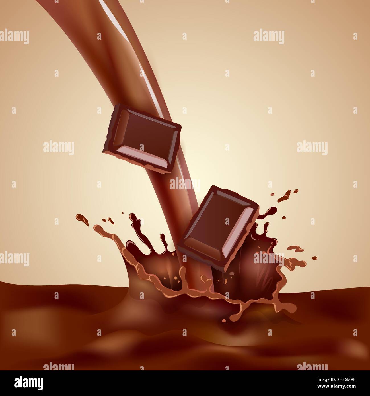 Latte di cioccolato dolce con pezzi di cioccolato e schizzi realistici illustrazione vettoriale Illustrazione Vettoriale