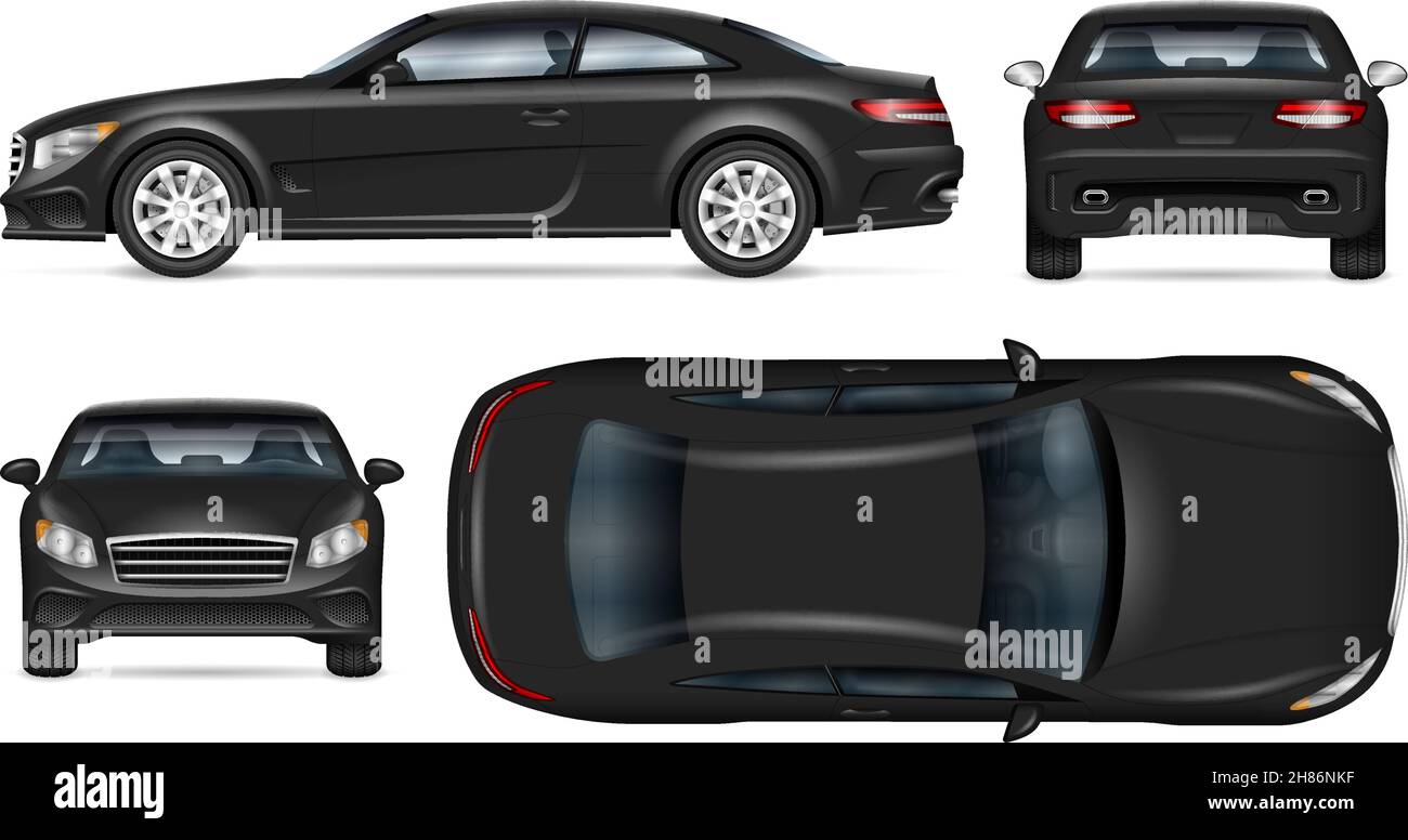 Mockup vettoriale per auto sportive su sfondo bianco per il marchio del veicolo, identità aziendale. Tutti gli elementi del gruppo su livelli separati per una facile modifica Illustrazione Vettoriale