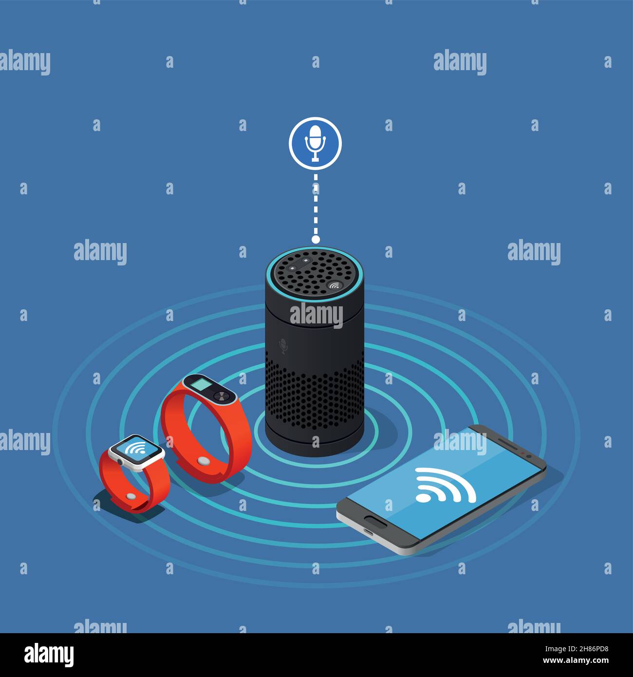 Composizione isometrica dell'Internet delle cose su sfondo blu con altoparlante, smartphone, orologio e illustrazione vettoriale del tracker Illustrazione Vettoriale