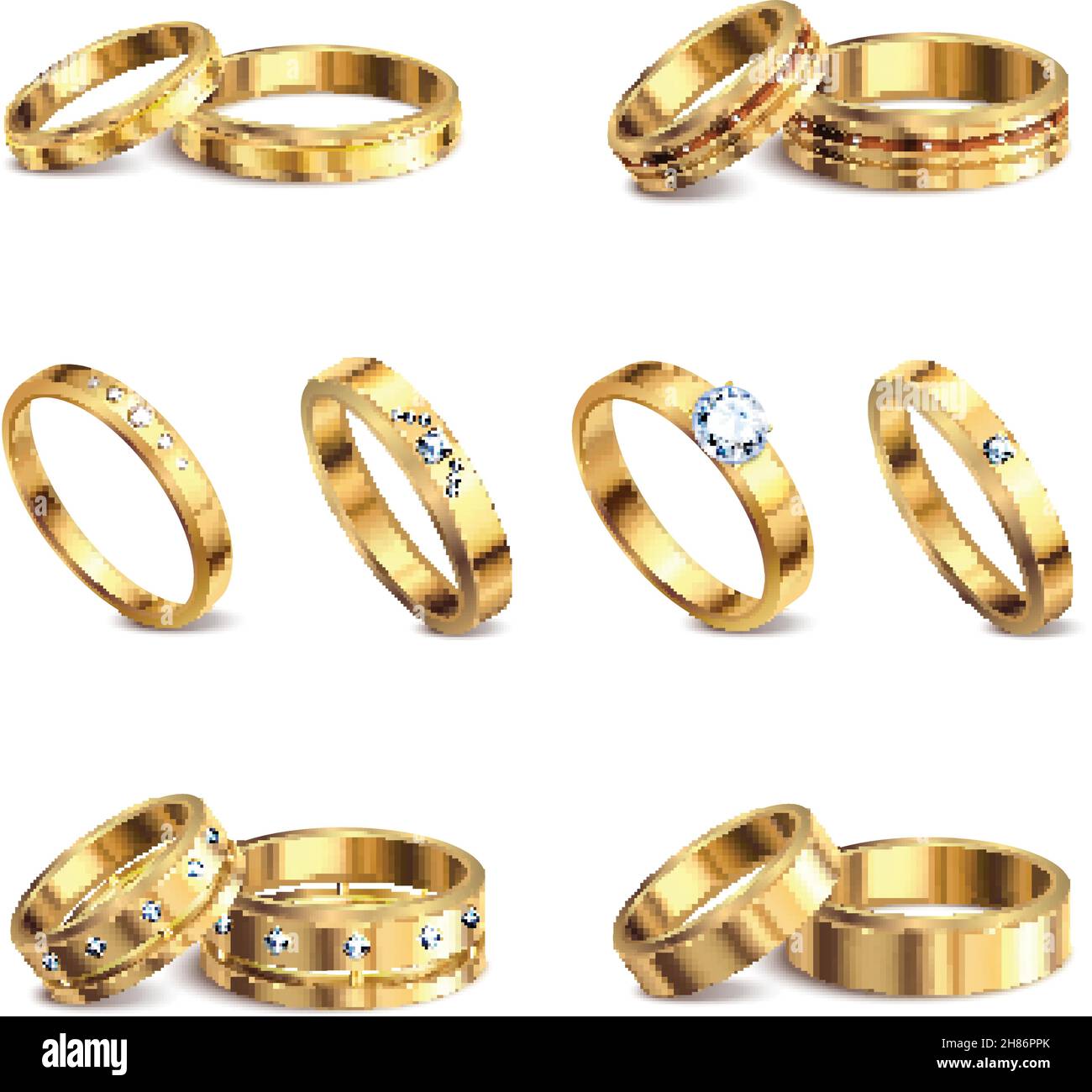 Gold Wedding Rings 6 set realistici isolati metallo nobile con diamanti gioielli contro sfondo bianco illustrazione vettoriale Illustrazione Vettoriale