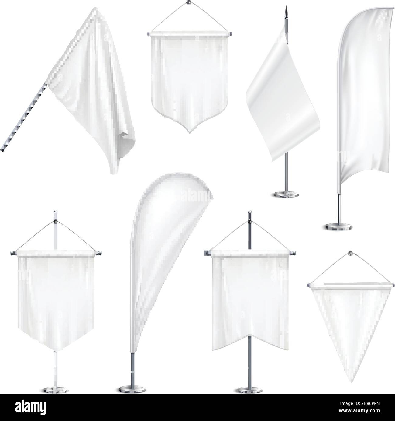 Varie misure forme pennant bandiere bandiere bianco bianco vuoto appeso e. su supporti asta immagine vettoriale set realistica Illustrazione Vettoriale