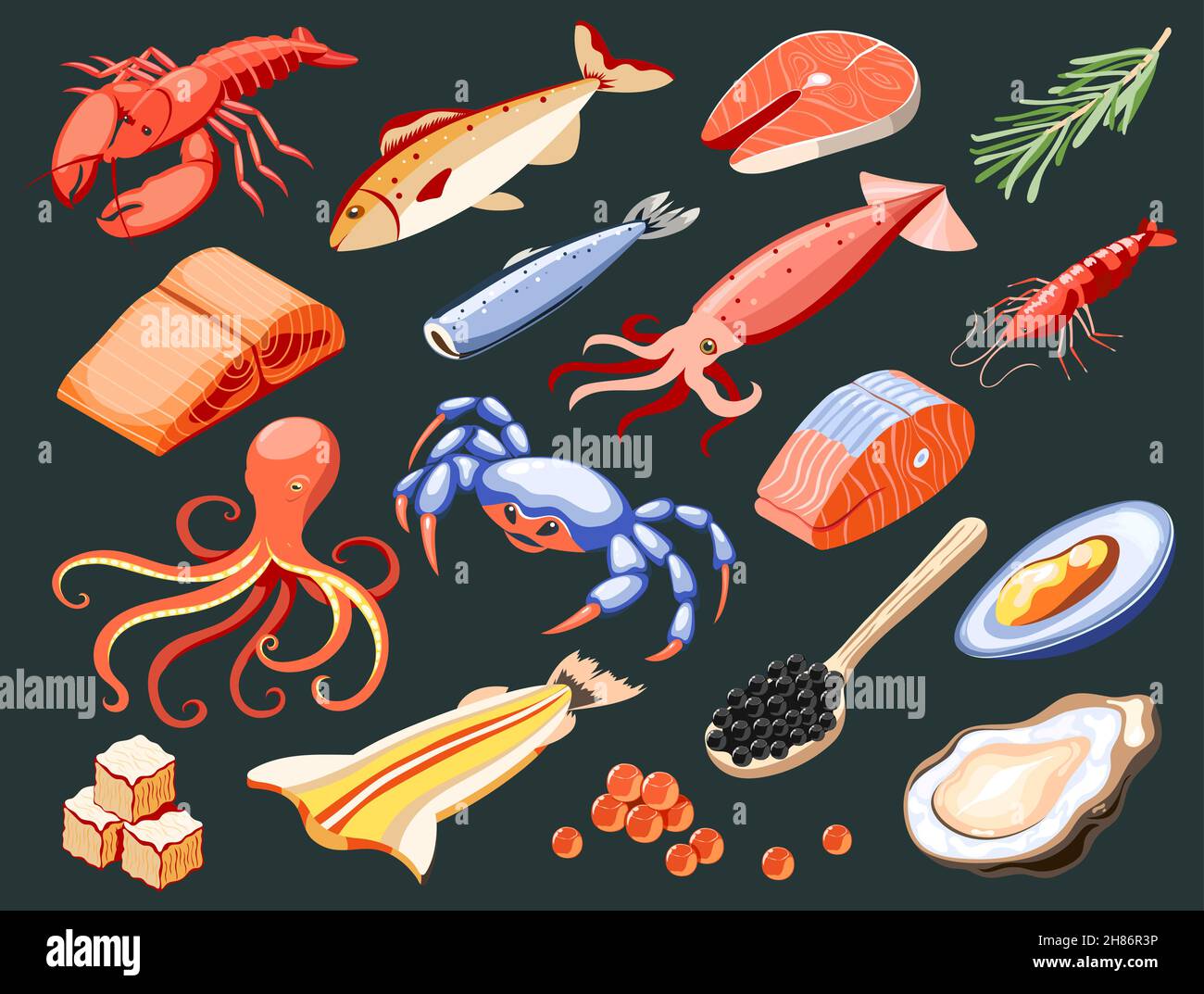 Pesce cibo isolato icone colorate con filetto di salmone calamari caviale cozze granchi ostriche carne di squalo su fondo nero vettore isometrico illustrazione Illustrazione Vettoriale