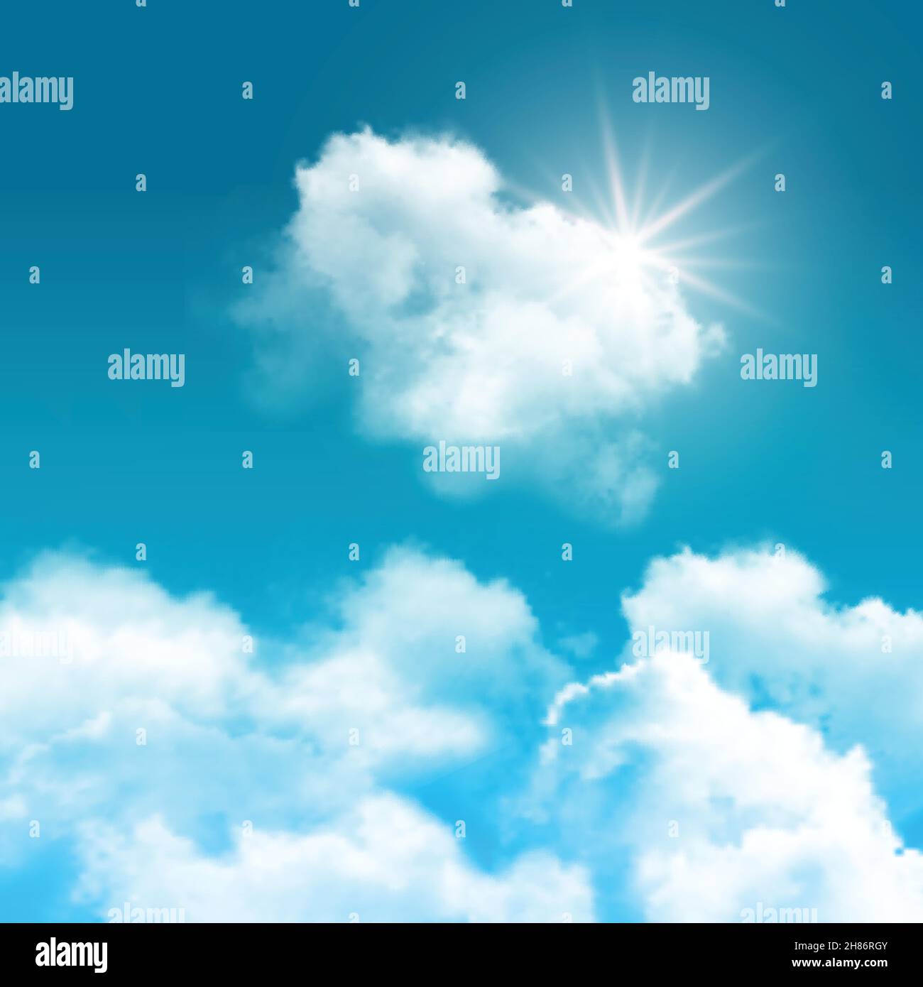 Cielo blu realistico con nuvole composizione raggi di sbuccia di sole fuori da dietro l'illustrazione vettoriale nubi Illustrazione Vettoriale