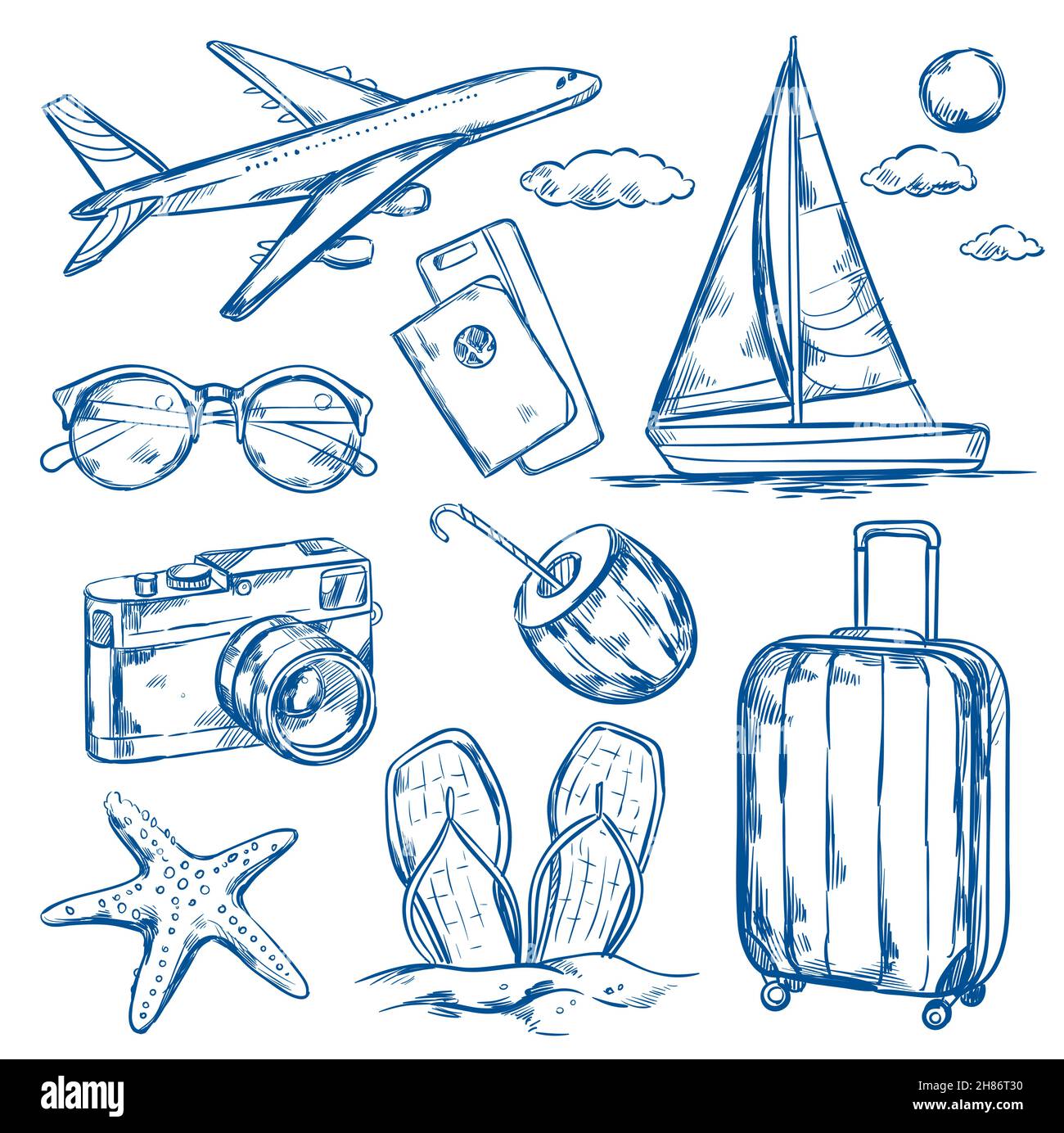 Insieme di immagini di schizzo isolate di accessori di viaggio beni turistici aereo e yacht su sfondo vuoto illustrazione vettoriale Illustrazione Vettoriale
