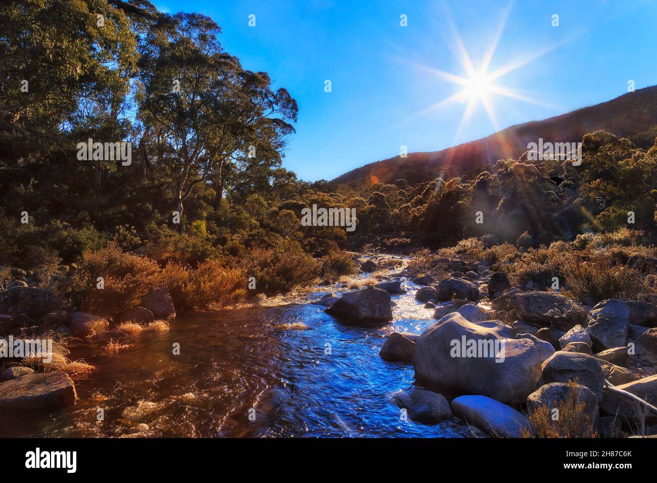 A valle del fiume Snowy nelle montagne Snowy dell'Australia attraverso boschi di gomma di neve con rapide di massi di roccia con sole nel cielo blu. Foto Stock