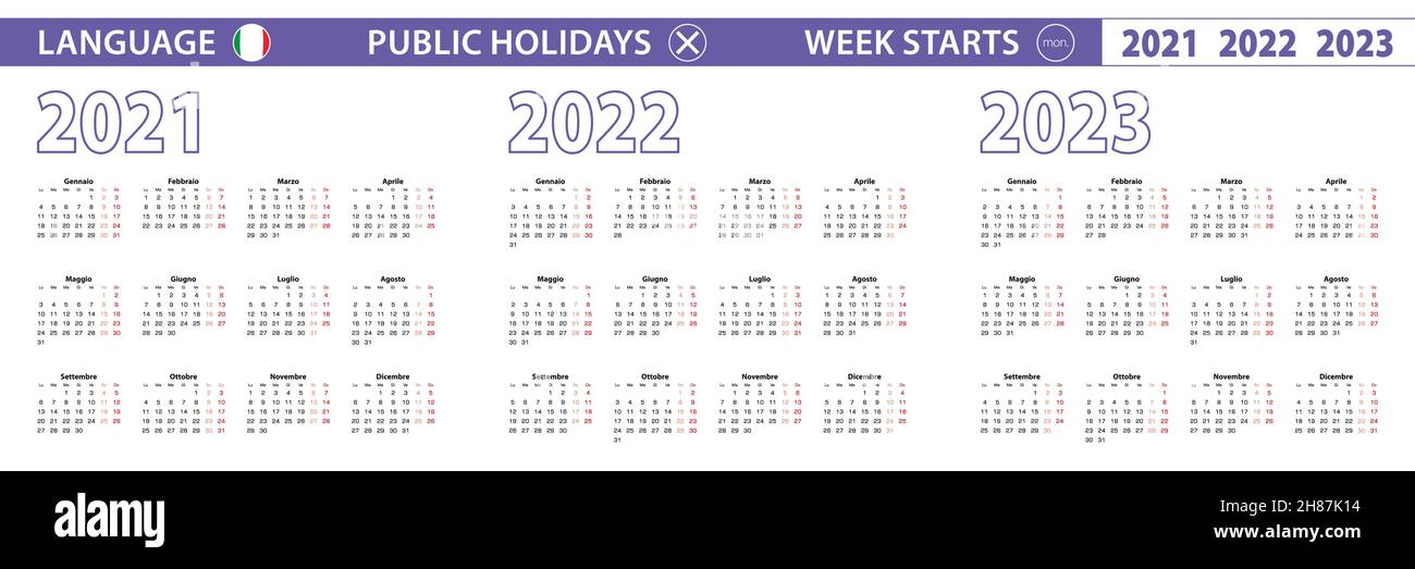 Semplice modello di calendario in italiano per 2021, 2022, 2023 anni. La settimana inizia dal lunedì. Illustrazione vettoriale. Illustrazione Vettoriale