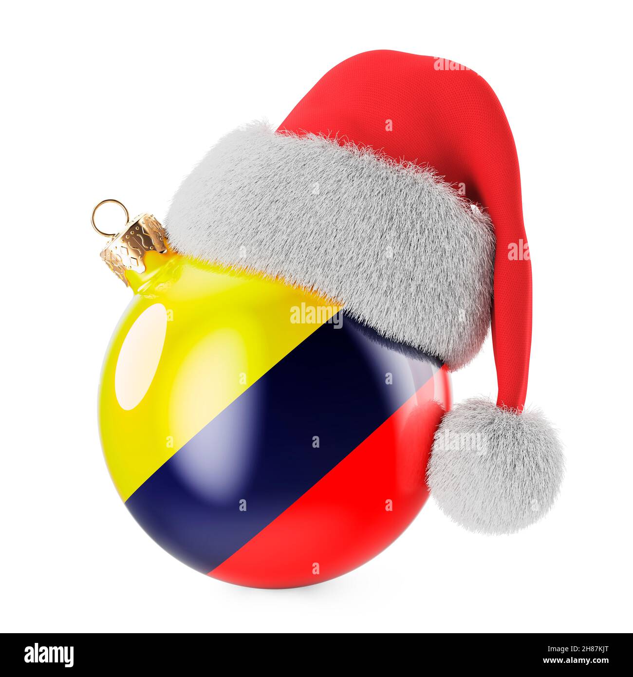 Palla di Natale con bandiera colombiana e cappello Babbo Natale. Natale e Capodanno in Colombia, concetto. Rendering 3D isolato su sfondo bianco Foto Stock