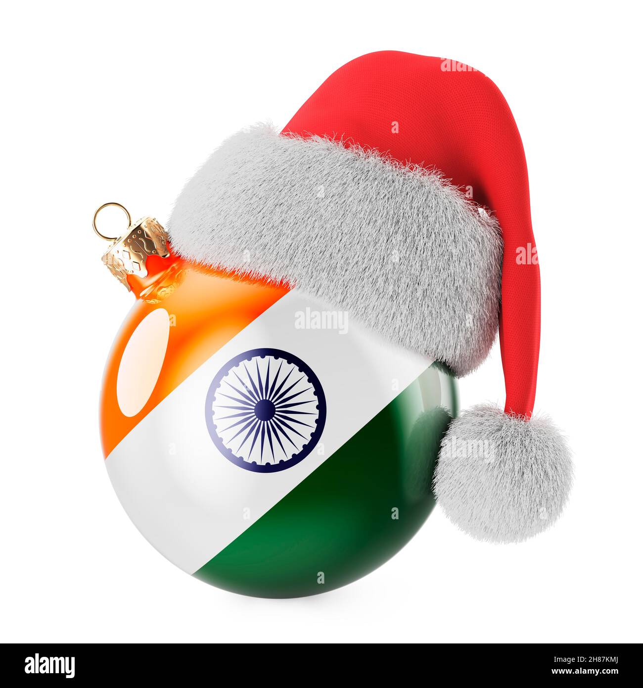 Palla di Natale con bandiera indiana e cappello Babbo Natale. Natale e Capodanno in India, concetto. Rendering 3D isolato su sfondo bianco Foto Stock