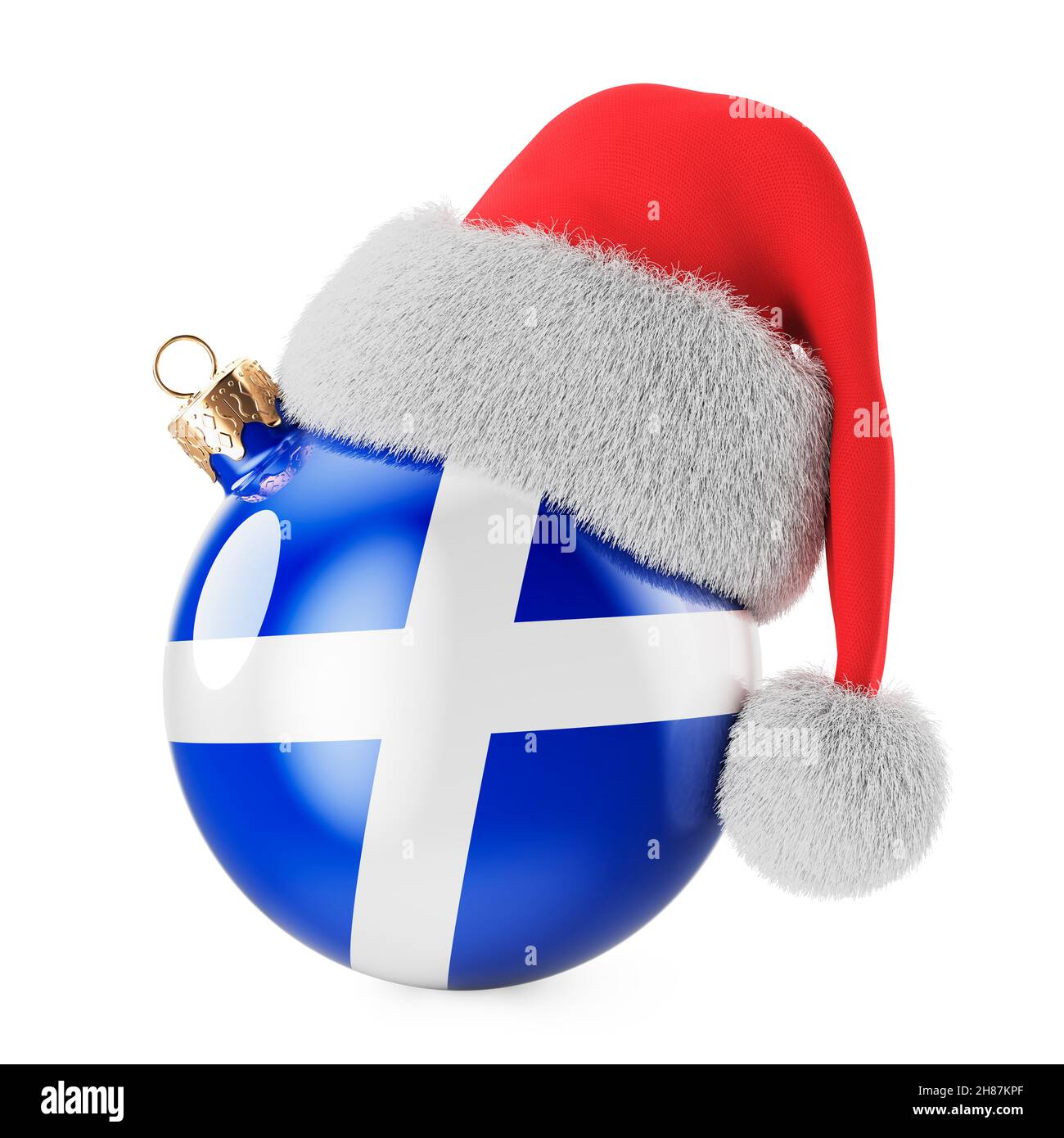 Palla di Natale con bandiera scozzese e cappello Babbo Natale. Natale e Capodanno in Scozia, concetto. Rendering 3D isolato su sfondo bianco Foto Stock