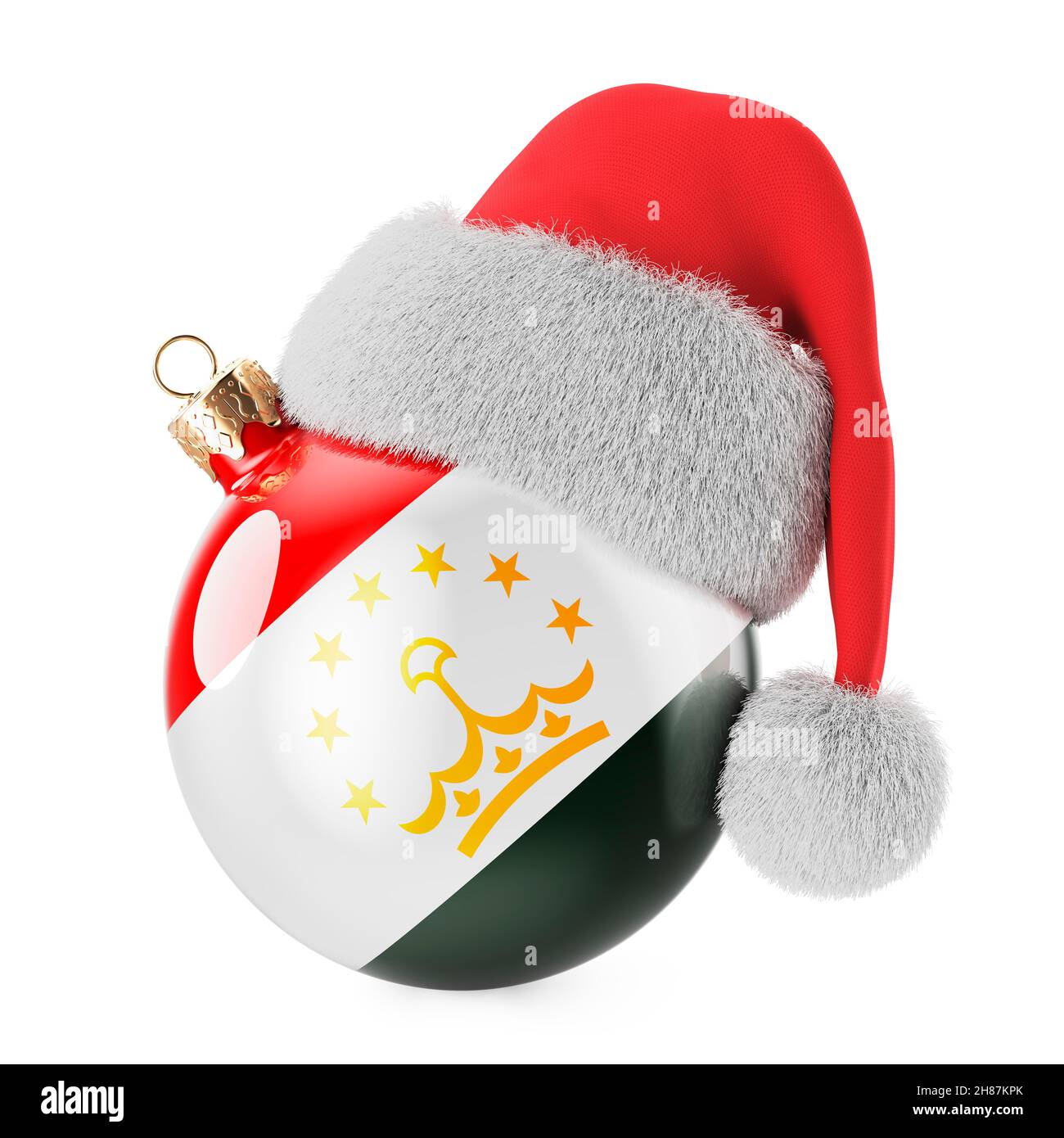 Palla di Natale con bandiera tagica e cappello Babbo Natale. Natale e Capodanno in Tagikistan, concetto. Rendering 3D isolato su sfondo bianco Foto Stock