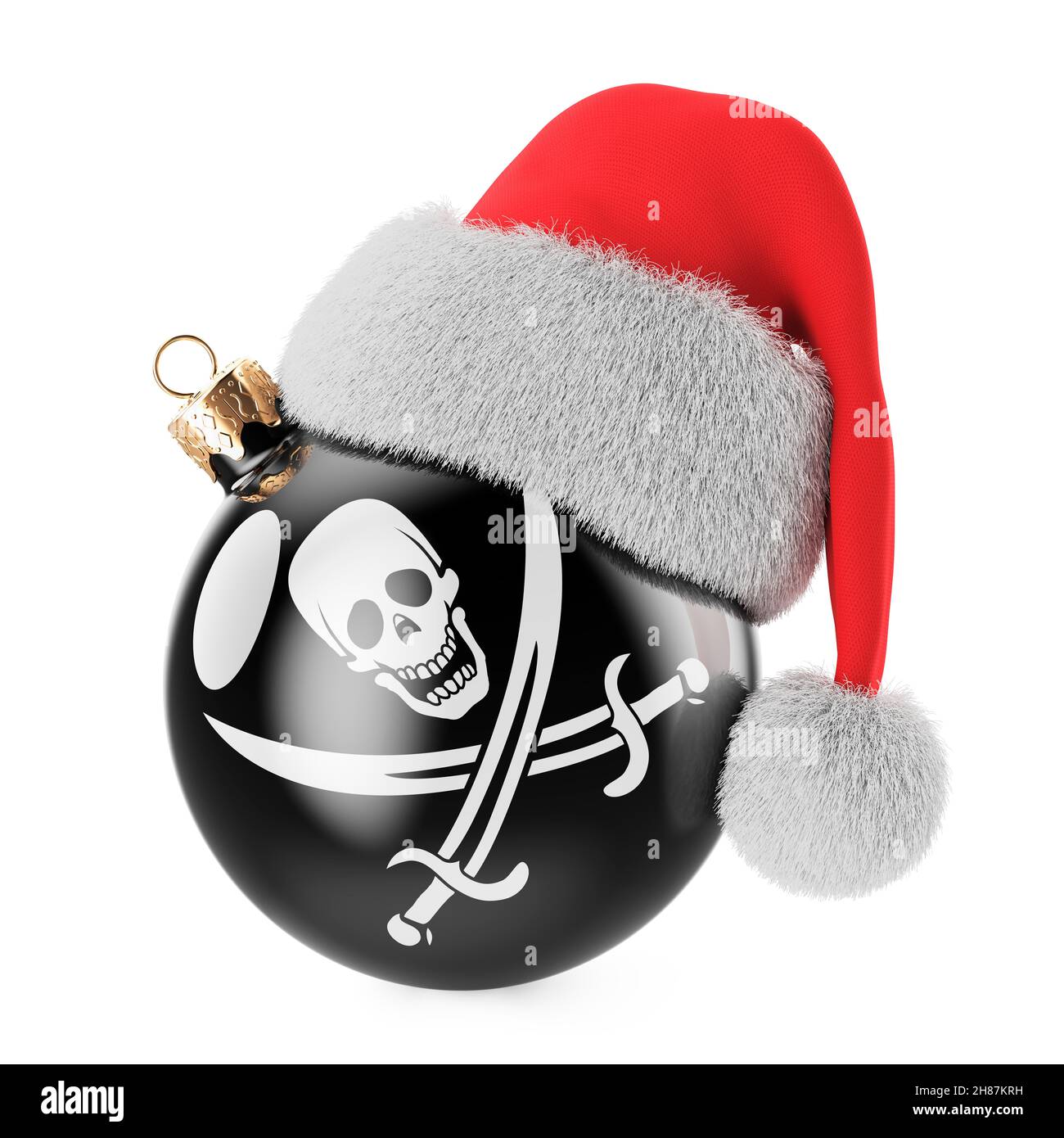 Palla di Natale con bandiera dei pirati e cappello Babbo Natale. Rendering 3D isolato su sfondo bianco Foto Stock