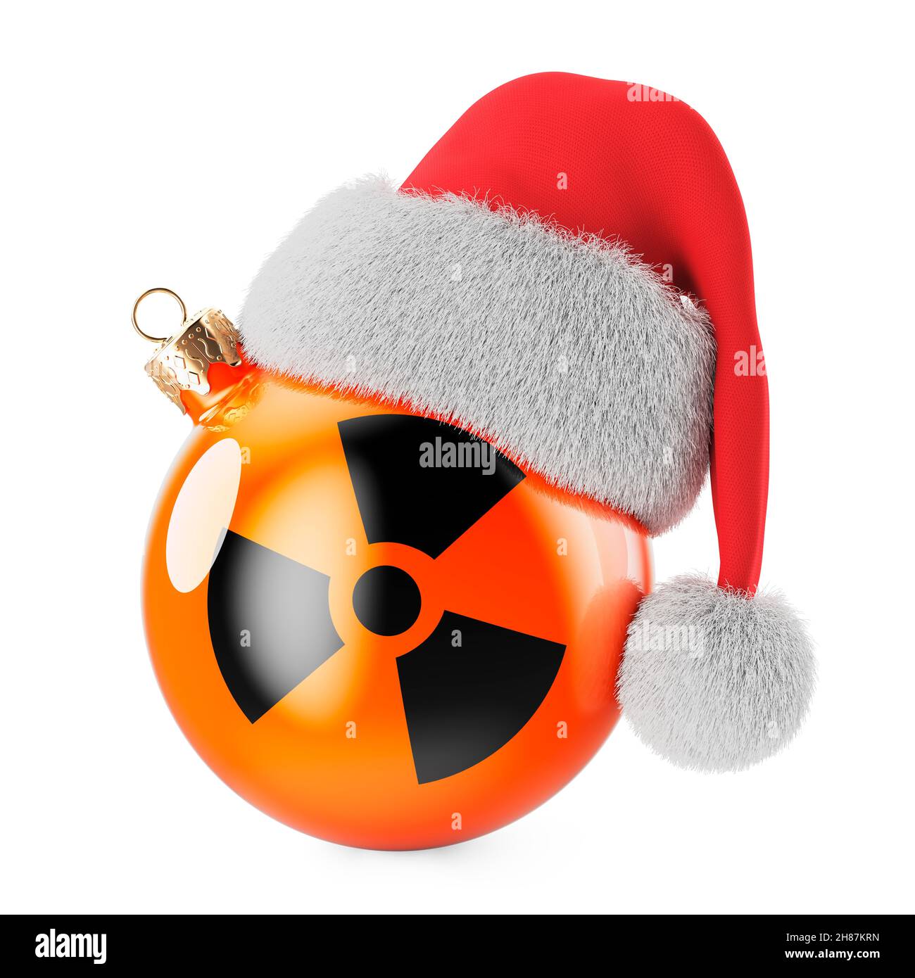 Palla di Natale con bandiera di radiazione e cappello Babbo Natale. Rendering 3D isolato su sfondo bianco Foto Stock