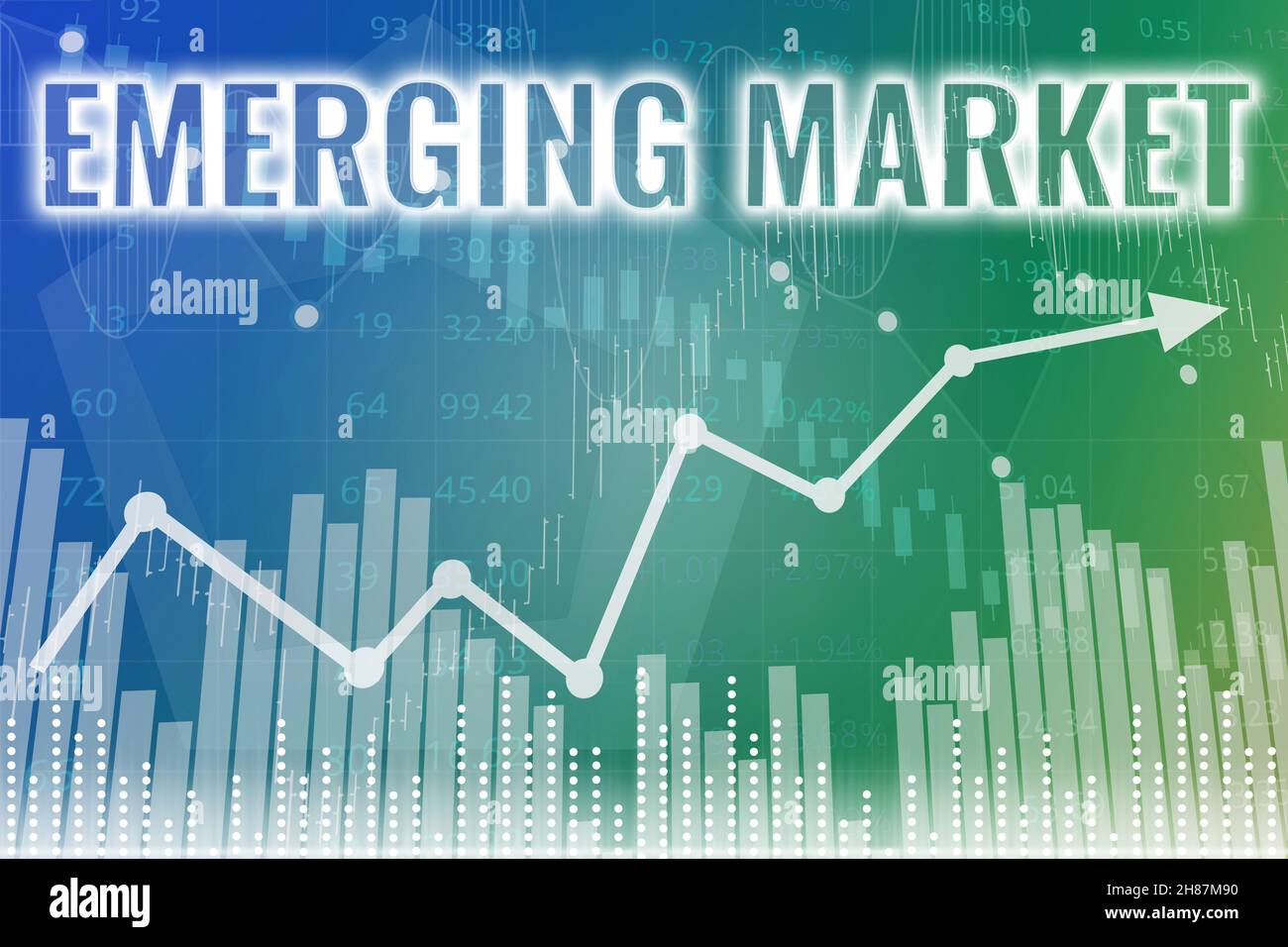 Termine finanziario mercato emergente su sfondo finanziario blu e verde da grafici, grafici. Rendering 3D. Concetto di mercato finanziario Foto Stock