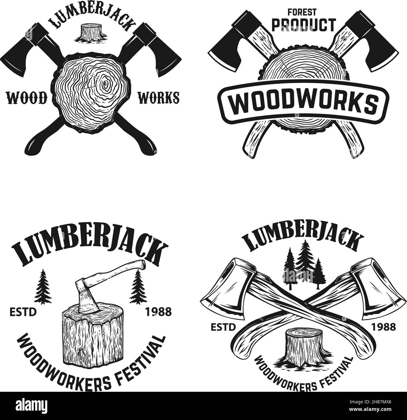 Set di assi incrociati su fondo in legno. Opere di legno Lumberjack. Elemento di design per logo, etichetta, cartello, poster. Illustrazione vettoriale, S Illustrazione Vettoriale