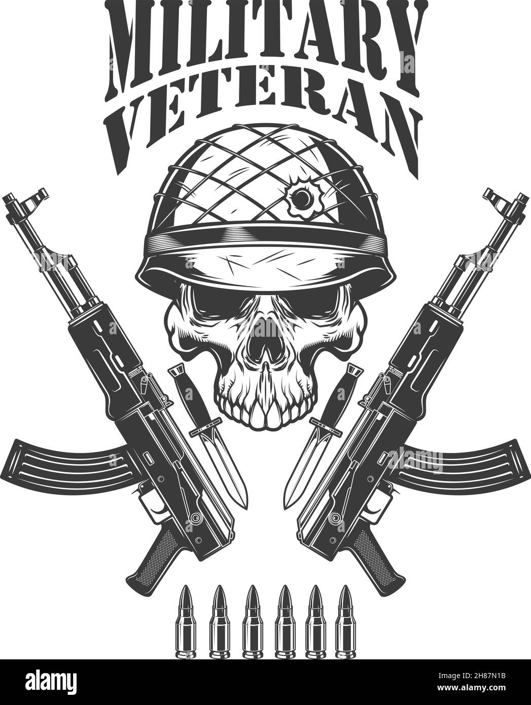 Veterano militare. Fucili d'assalto incrociati ak-47 con teschio soldato in casco d'esercito. Elemento di design per logo, etichetta, segno, emblema. Illustrazione vettoriale Illustrazione Vettoriale