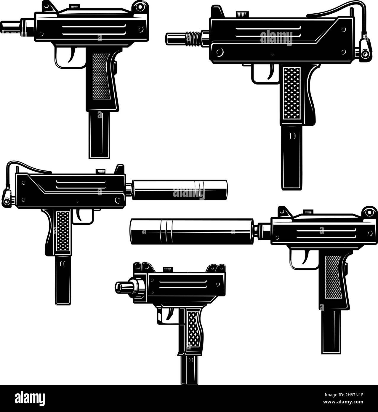 Set di illustrazioni della pistola per sottomaccheria uzi. Elemento di design per logo, etichetta, segno, emblema. Illustrazione vettoriale Illustrazione Vettoriale
