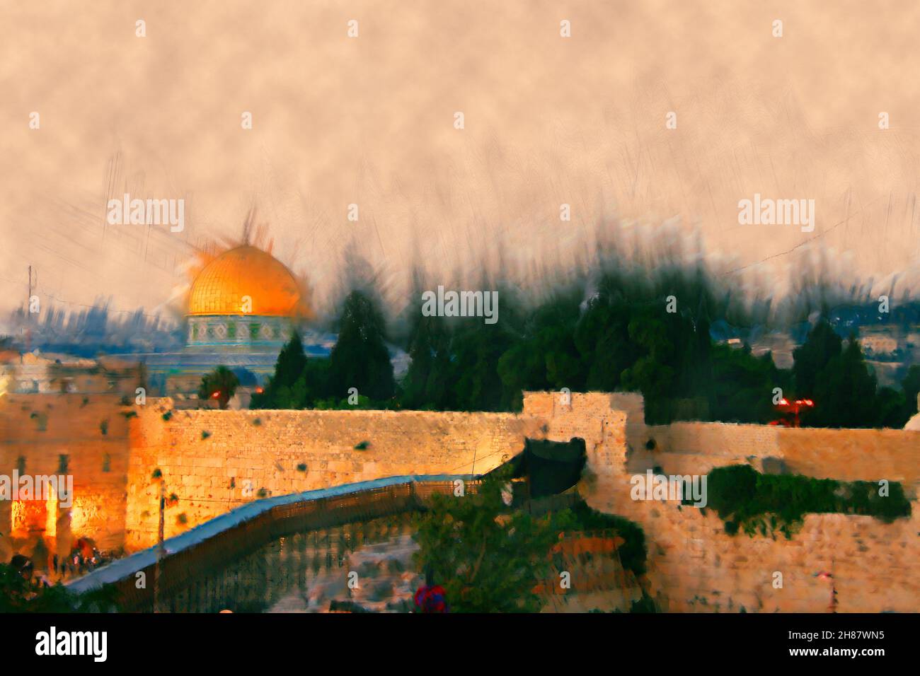 Israele, Gerusalemme, migliorate digitalmente immagine del Muro del Pianto e la Cupola della roccia Foto Stock