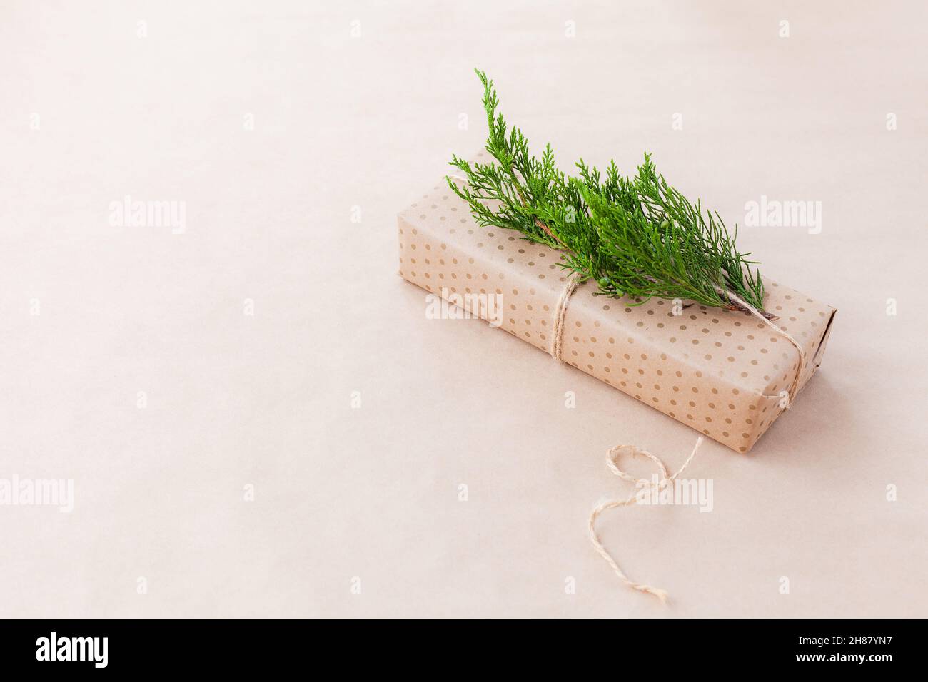 Bel pressante avvolto in carta artigianale e decorato con cipresso ramo Foto Stock