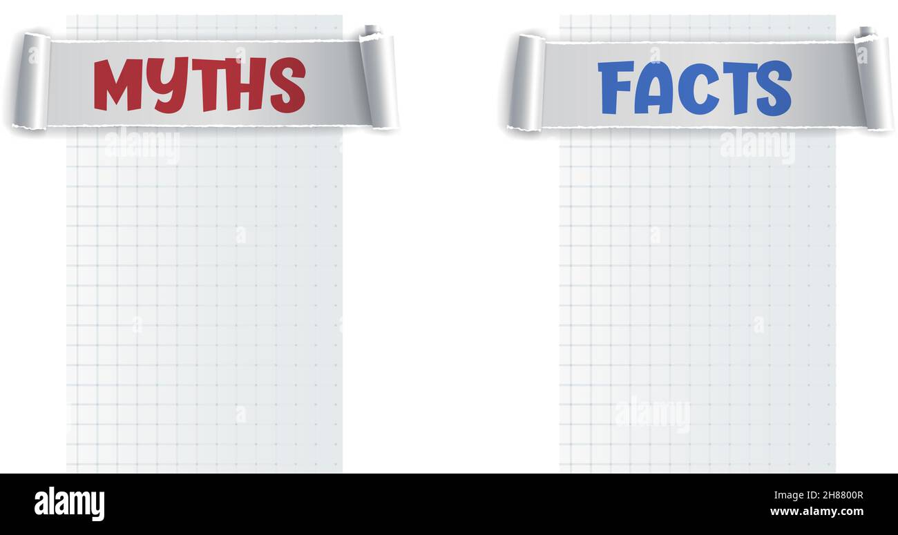 Miti e fatti segno. Design dell'intestazione Miths vs Facts con cornice per testo. I fatti veri o falsi sono una bolla. Carta strappata per qualsiasi scopo. Illustrazione Vettoriale