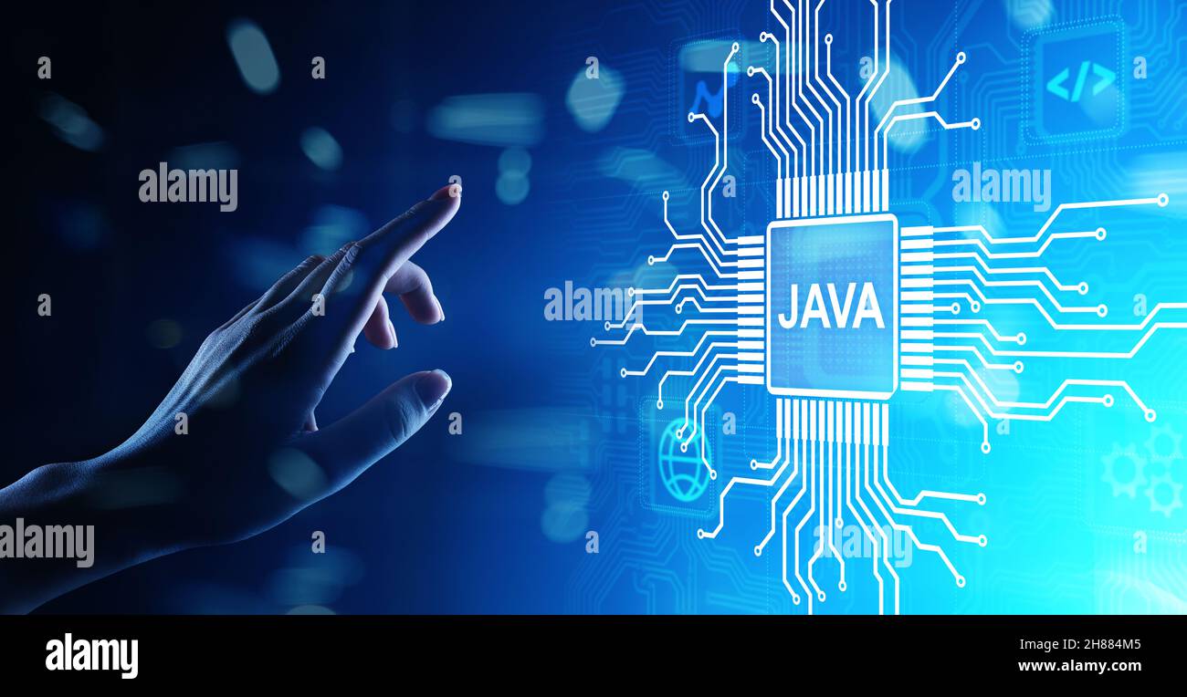 Applicazione del linguaggio di programmazione Java e concetto di sviluppo web su schermo virtuale. Foto Stock