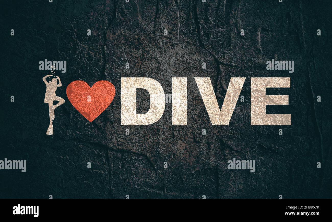 I love dive testo con silhouette di un subacqueo e icona cuore. Il concetto  di sport immersioni subacquee Foto stock - Alamy