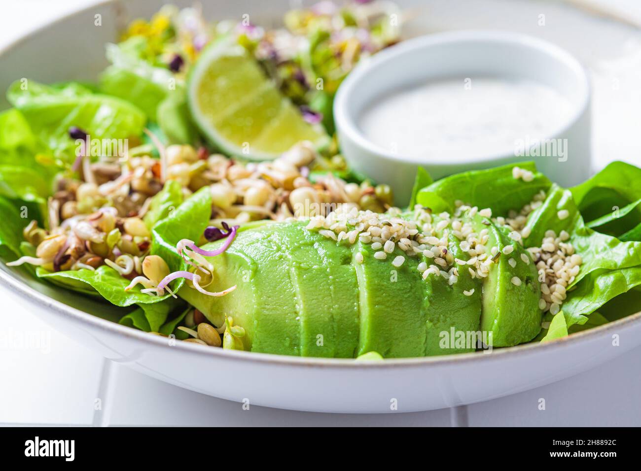 Insalata di disintossicazione verde con avocado, germogli, semi di canapa e condimento yogurt, fondo piastrellato bianco, primo piano. Foto Stock Insalata di disintossicazione verde con avocado, germogli, semi di canapa e condimento yogurt, fondo piastrellato bianco, primo piano. Foto Stock