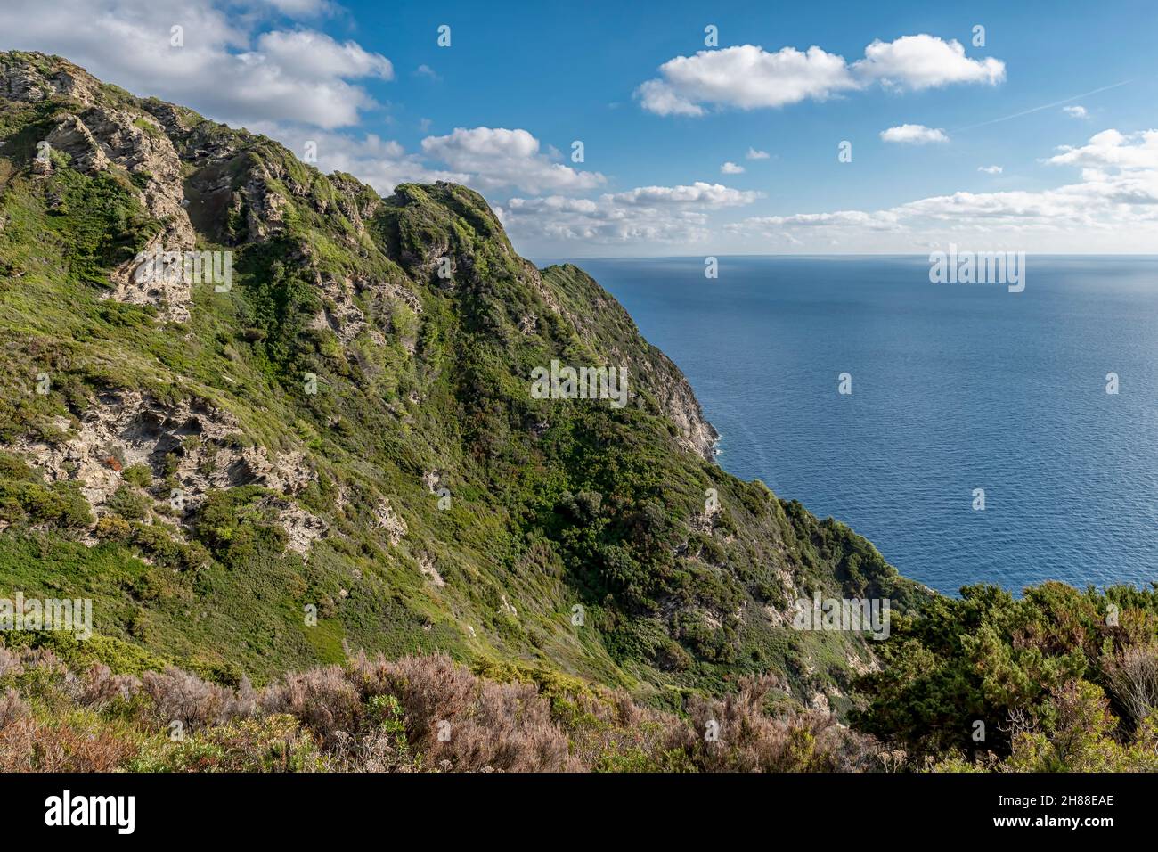 Vista aerea di uno scorcio dell'isola di Gorgona, Italia, in una giornata di sole Foto Stock