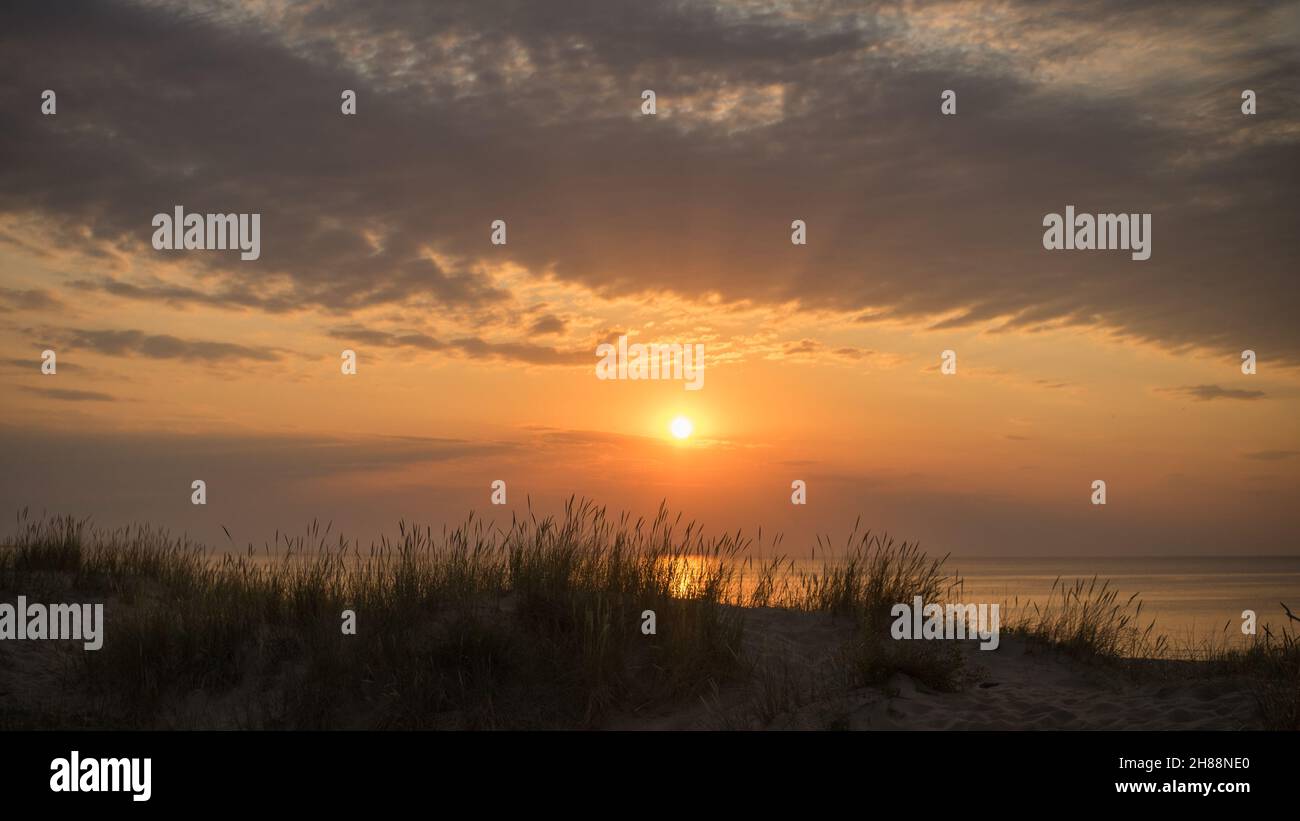 Caldo tramonto nuvoloso su una spiaggia ricoperta di erba a Jurmala Lettonia Foto Stock