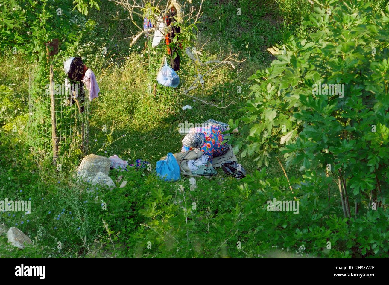 Vita quotidiana rurale in Grecia bivacco all'aperto durante il lavoro nei campi una vecchia donna riposa tra la fitta vegetazione intorno a Xanthi Foto Stock