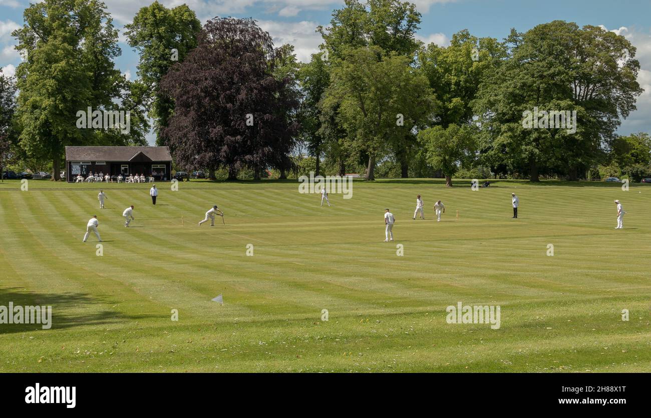 Inglese Village Cricket Match, Castle Ashby, Northamptonshire, Regno Unito Foto Stock