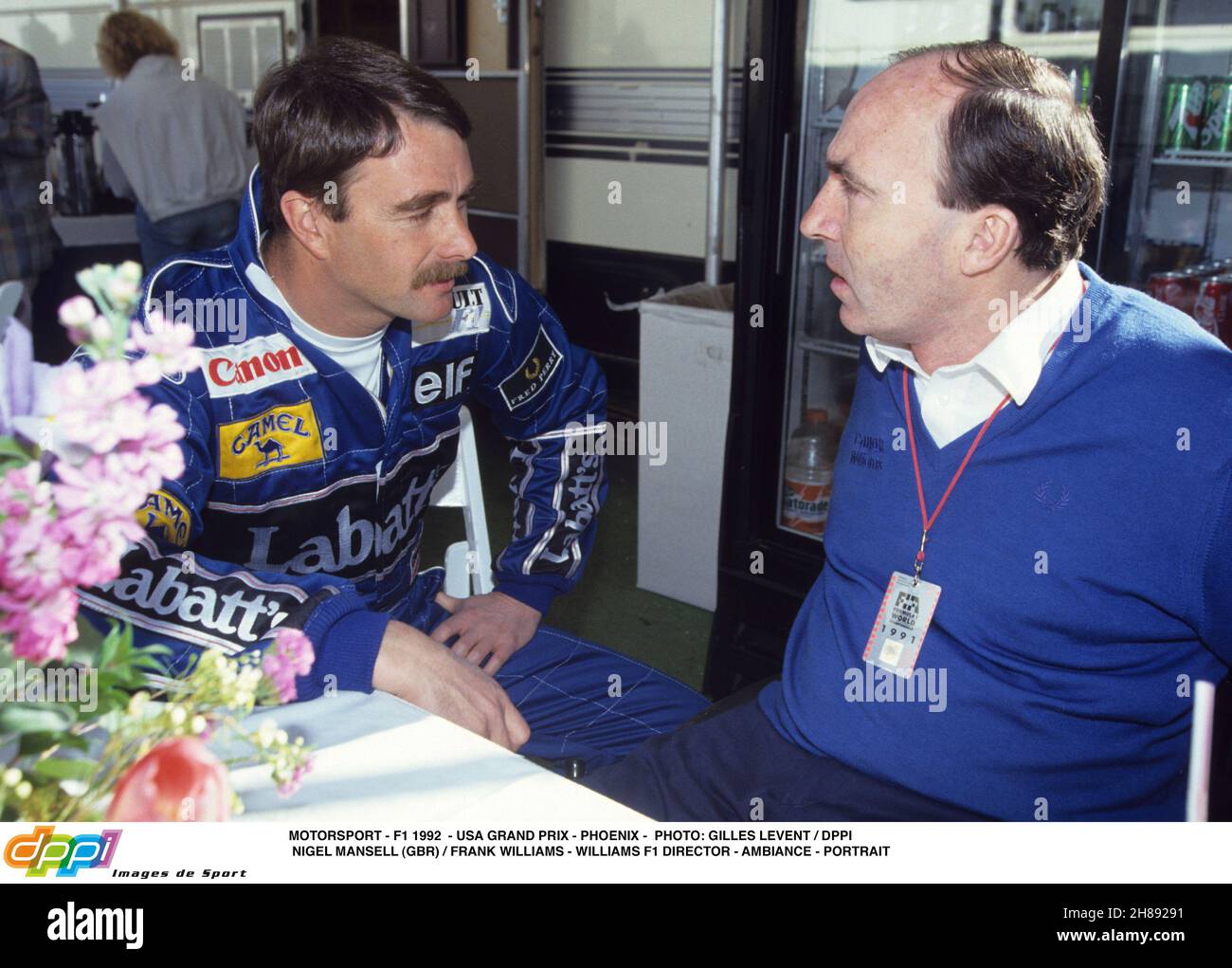 MOTORSPORT - F1 1992 - GRAN PREMIO DEGLI STATI UNITI - PHOENIX - FOTO: GILLES LEVENT / DPPI NIGEL MANSELL (GBR) / FRANK WILLIAMS - WILLIAMS F1 DIRETTORE - AMBIANCE - RITRATTO Foto Stock