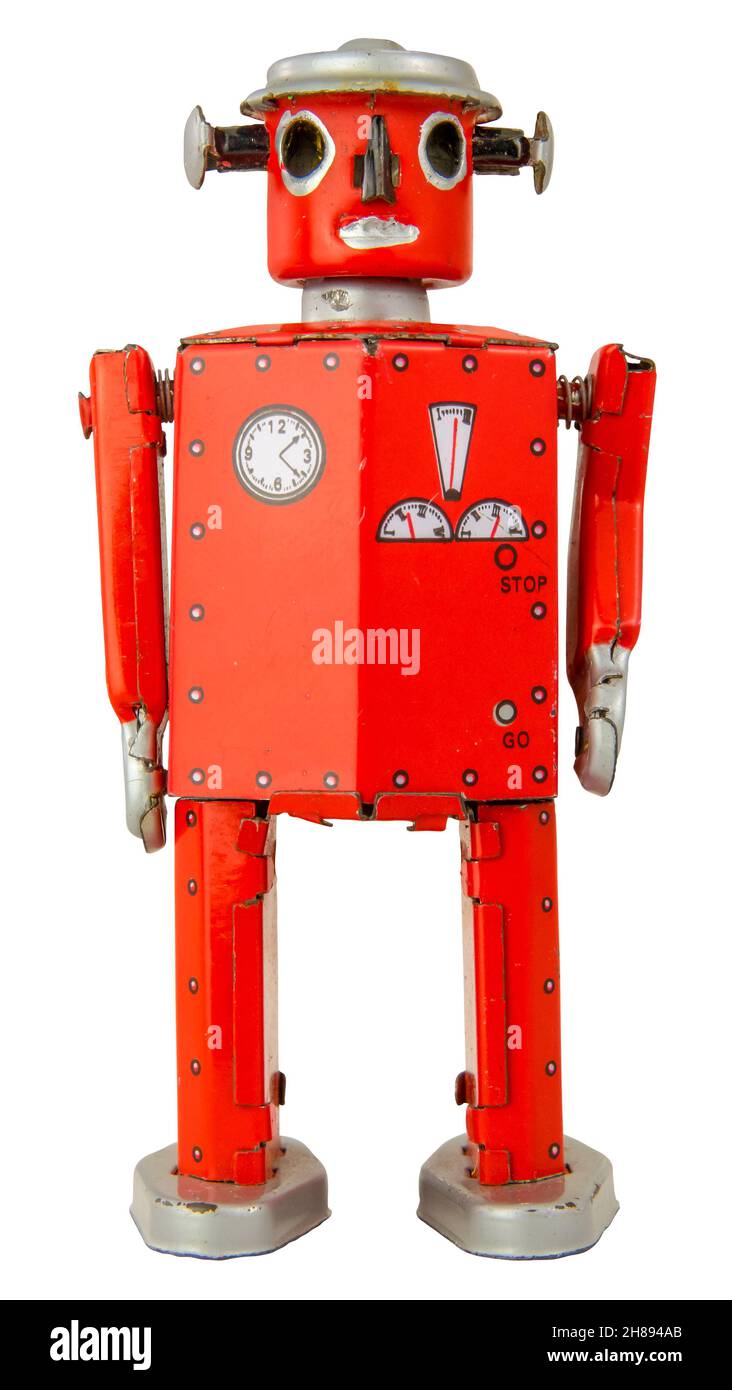 Robot vintage retro Red Windup Toy, isolato su sfondo bianco Foto Stock