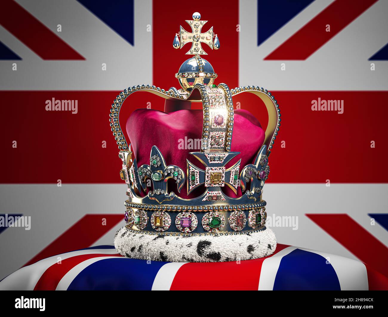 Corona reale imperiale sullo sfondo della bandiera britannica. Simboli della monarchia Gran Bretagna Regno Unito. illustrazione 3d Foto Stock