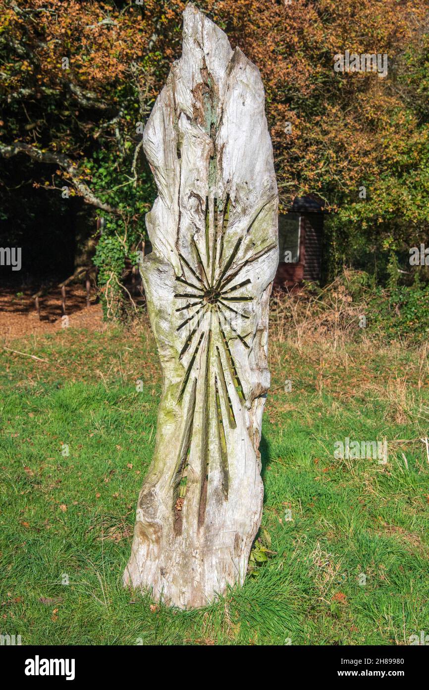 Scultura in legno nella riserva naturale di Kingley vale nel Sussex occidentale. Foto Stock