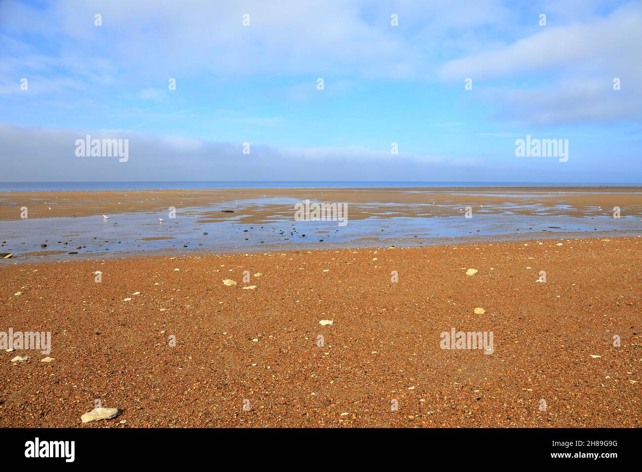 Vasta spiaggia di Old Hunstanton a bassa marea sul Peddlers Way Trail e Norfolk Coast Path, Norfolk, Inghilterra, Regno Unito. Foto Stock