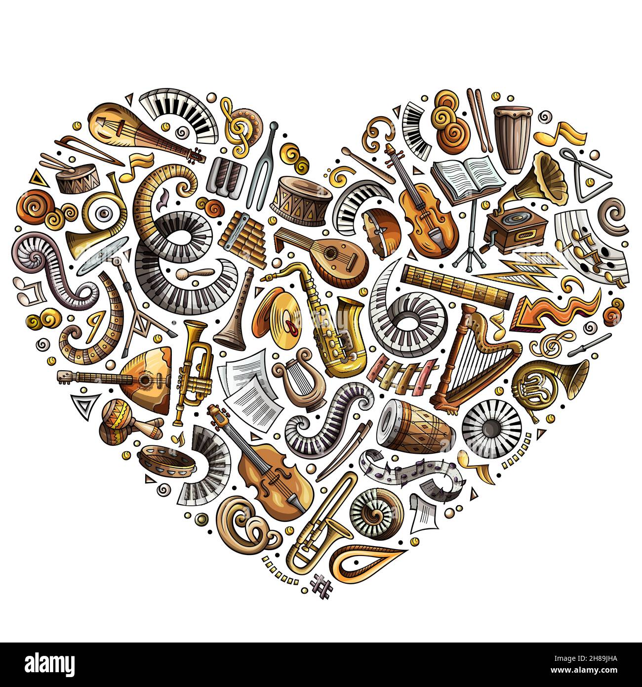 Set di cartoni animati vettoriali che deodle strumenti musicali classici e oggetti raccolti in un cuore di musica classica soggetti Illustrazione Vettoriale