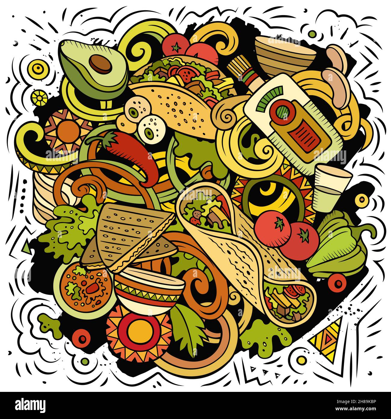 Cibo messicano disegno a mano vettore Doodles illustrazione. Cucina poster design. Mexica Menu elementi e oggetti sfondo cartoon. Colori vivaci divertente p Illustrazione Vettoriale